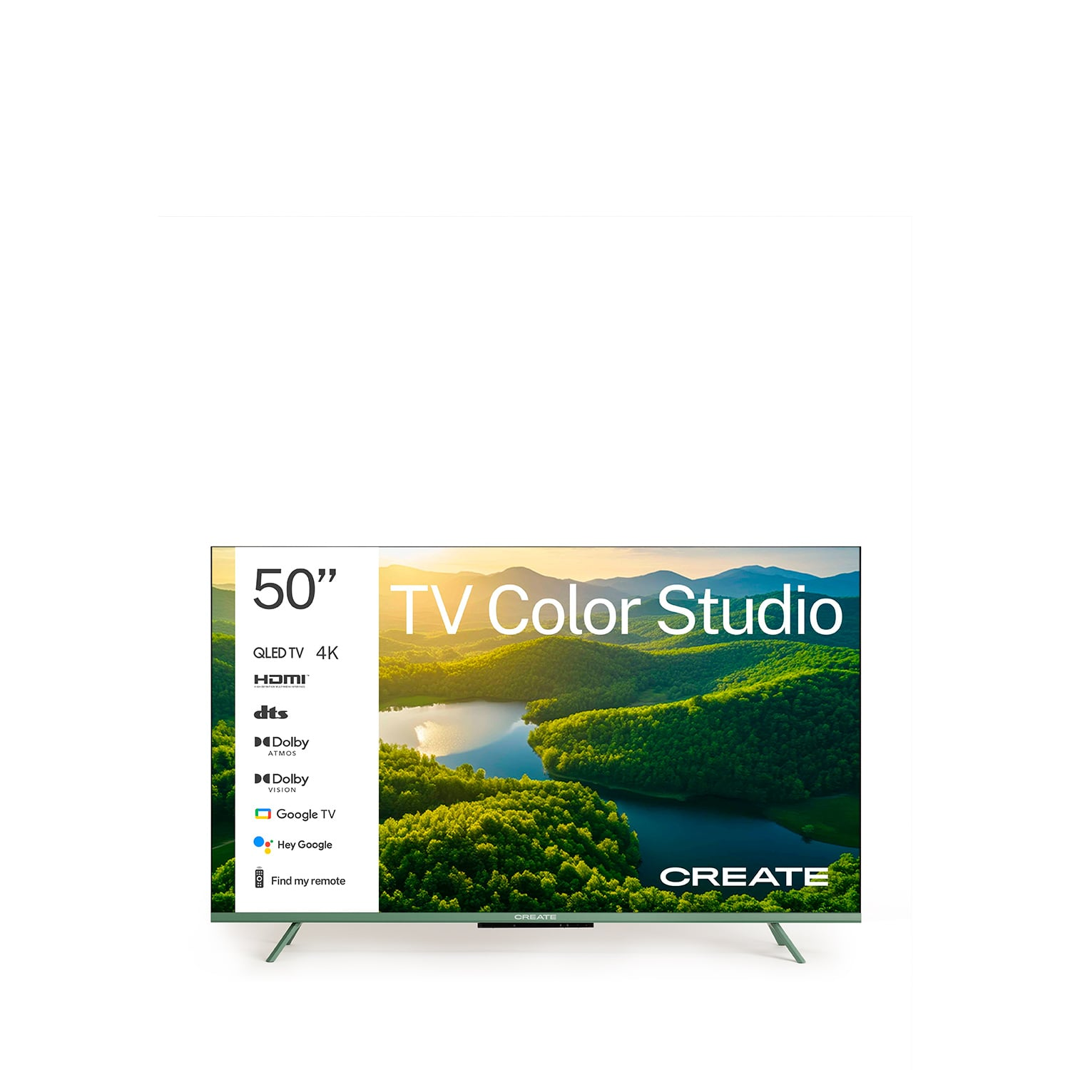 Un televisor QLED verde de 50 pulgadas que muestra "TV Color Studio" con una imagen de paisaje.