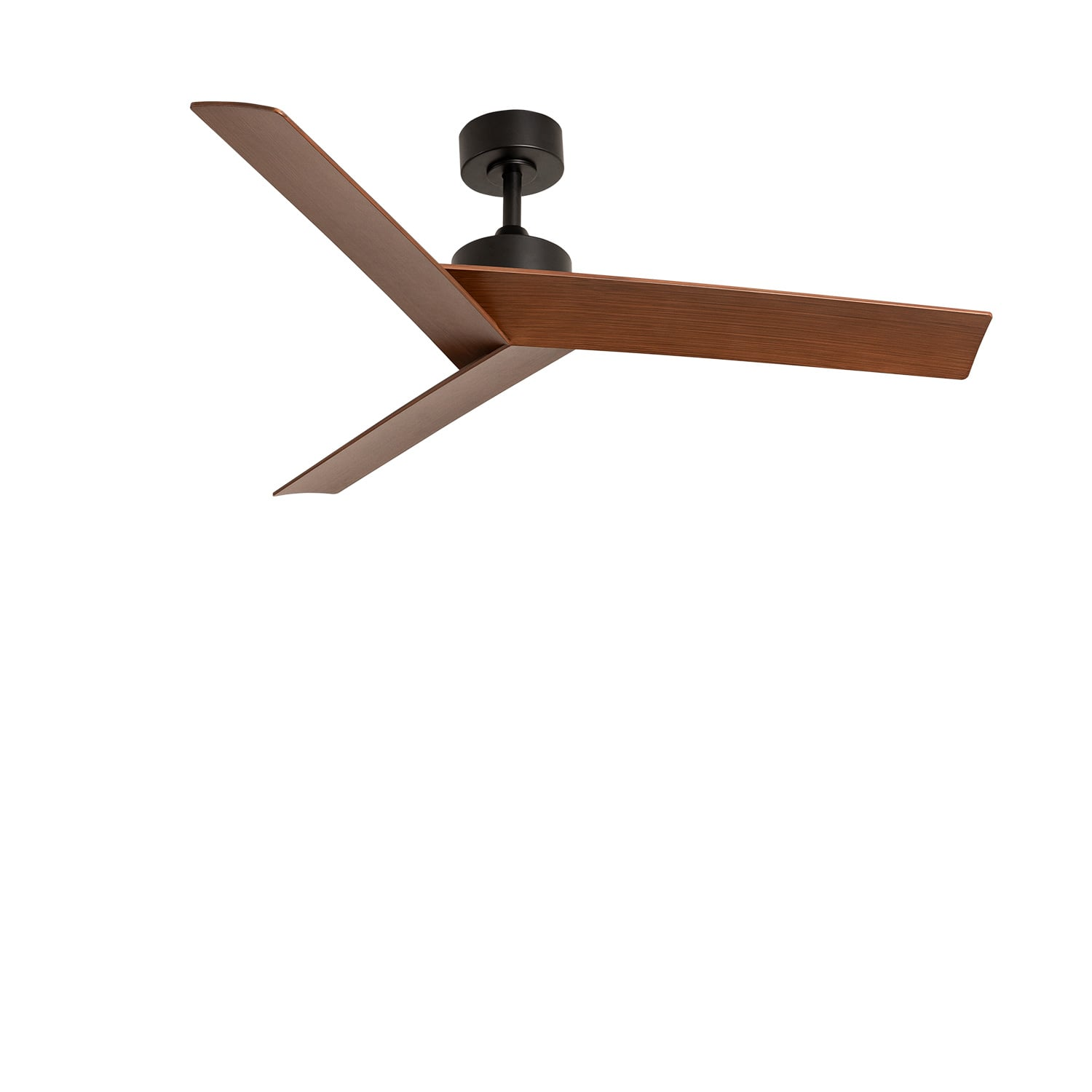Un ventilador de techo moderno con tres aspas de madera y carcasa negra.