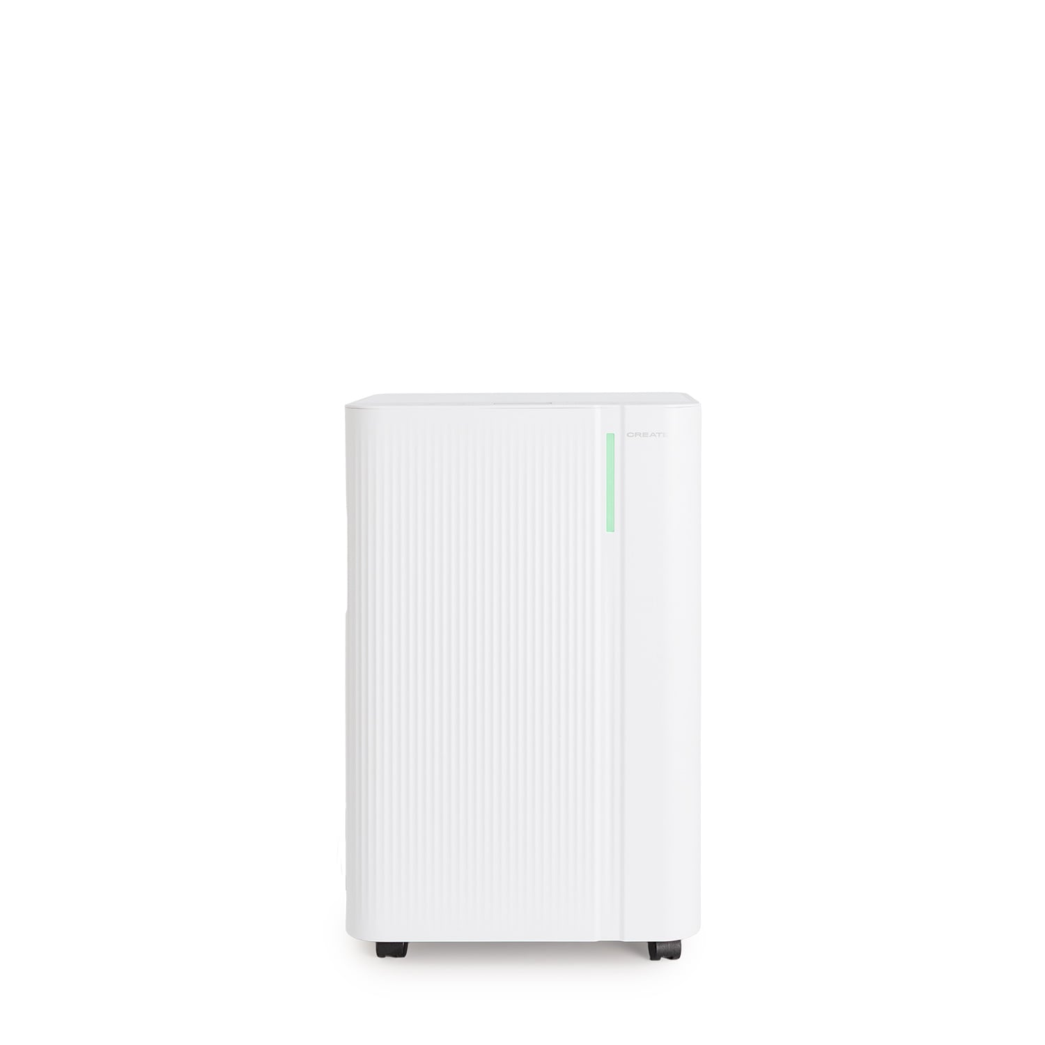 Un purificador de aire blanco con ranuras verticales y una tira de luz verde.