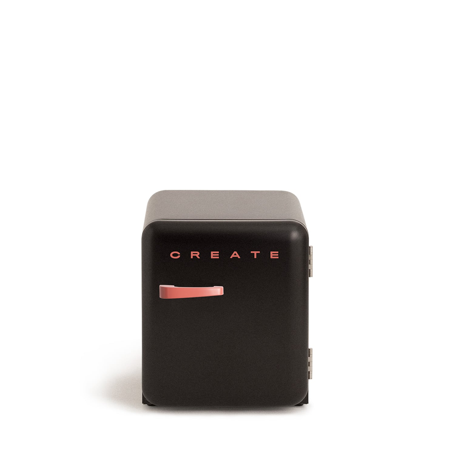 Pequeña nevera negra con asa rosa y la palabra CREATE.