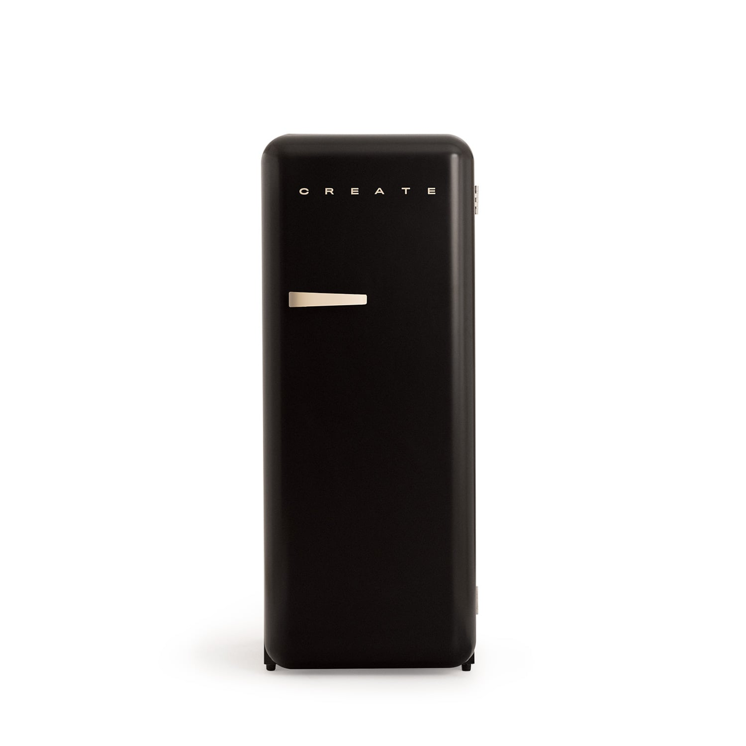 Un refrigerador negro y elegante con la palabra CREATE encima.