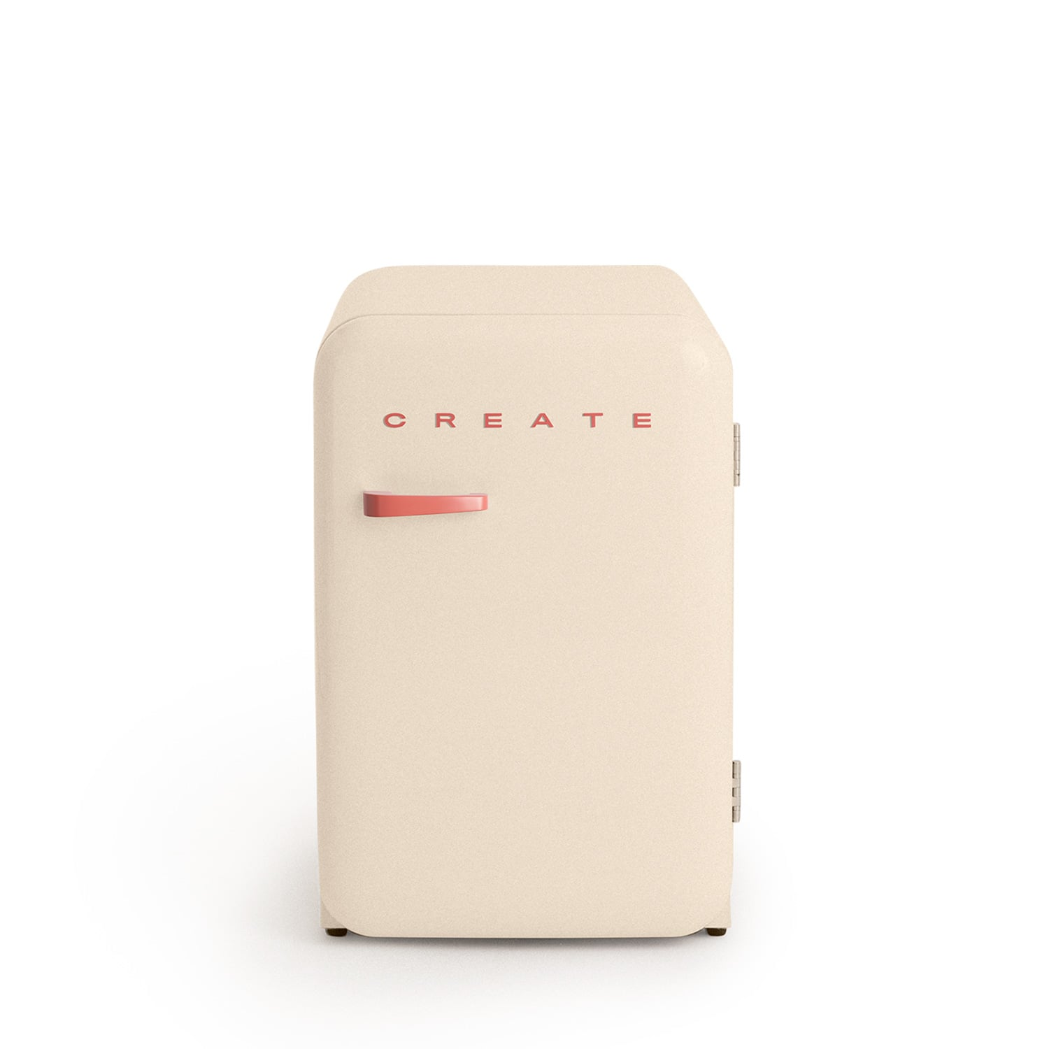 Un mininevera beige con la palabra CREATE en letras rojas.