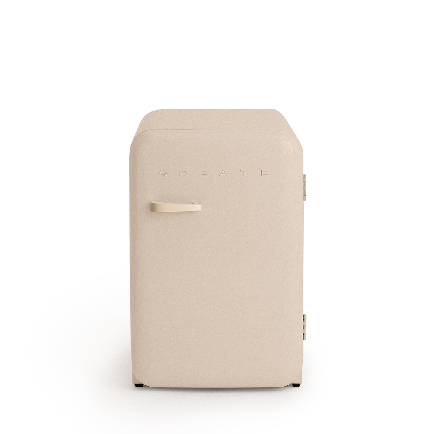 Un refrigerador beige con la palabra CREATE en mayúsculas.