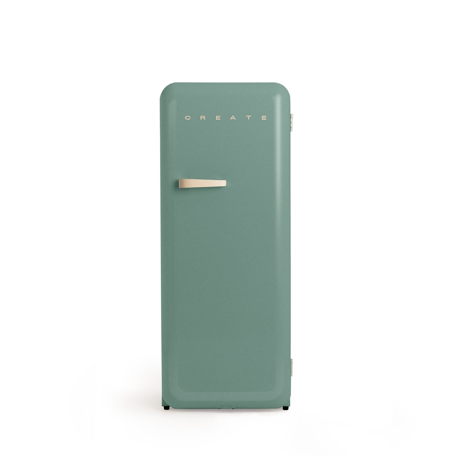 Un refrigerador alto, delgado, verde salvia con un asa color crema.