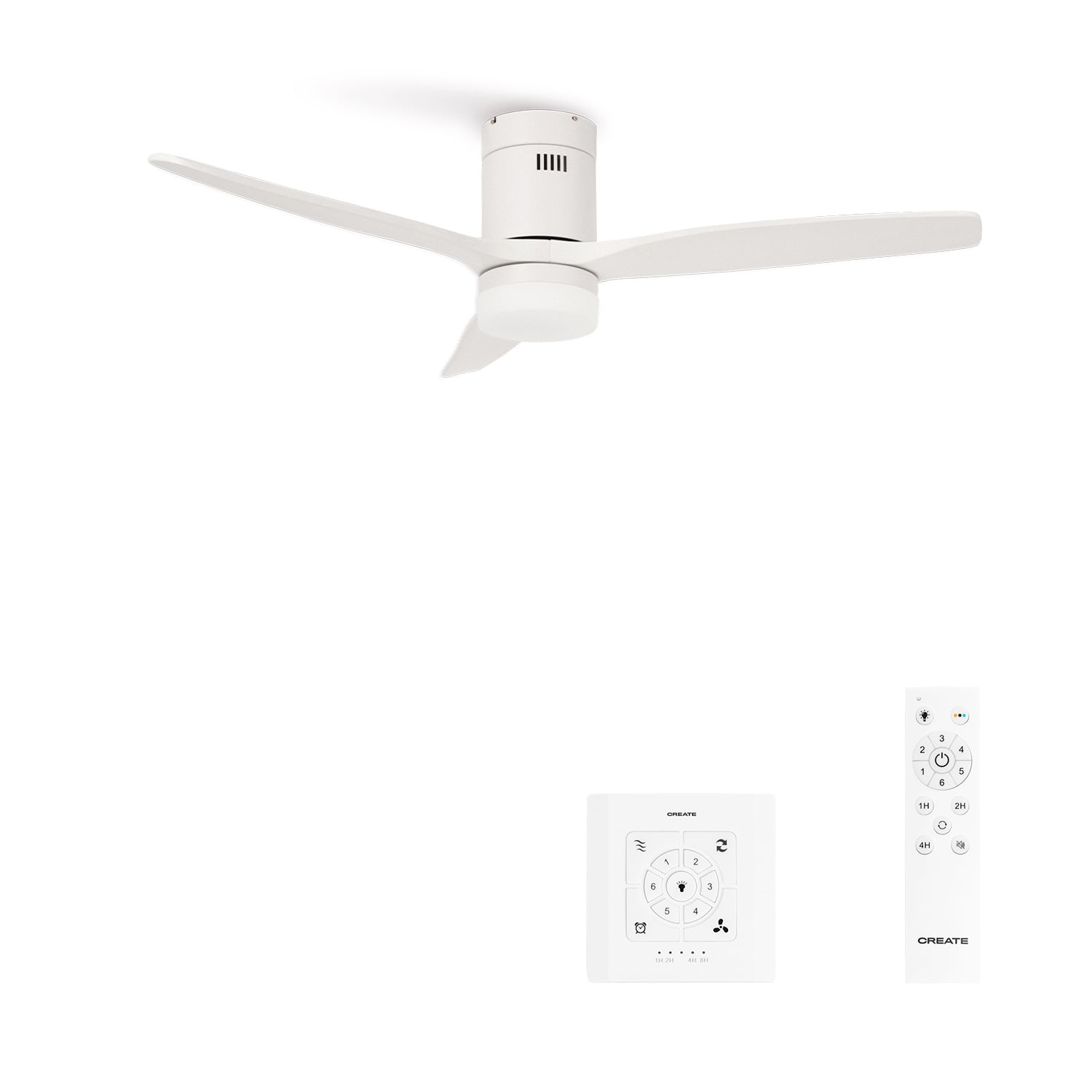 Un ventilador de techo blanco con tres aspas y controles remotos.