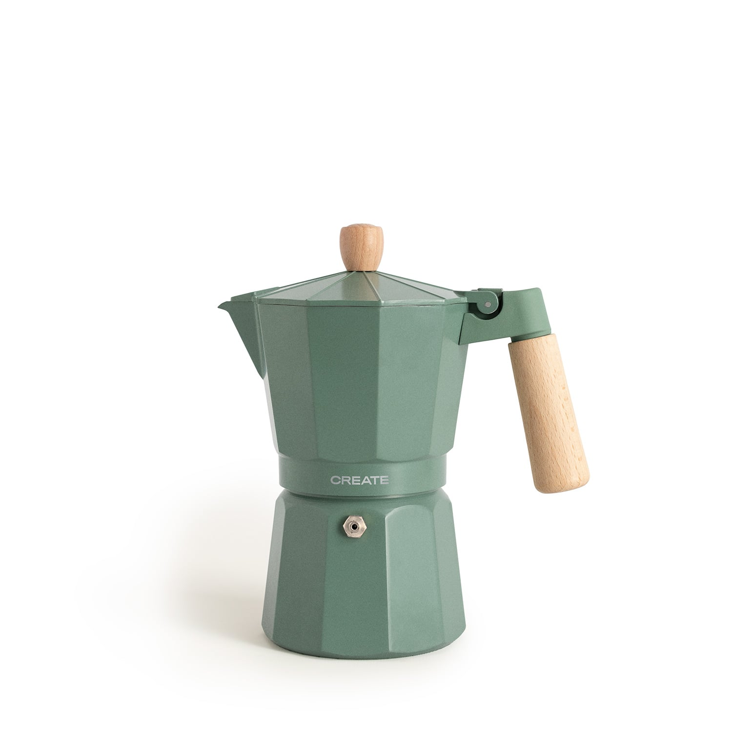Una cafetera italiana verde con detalles de madera sobre fondo blanco.
