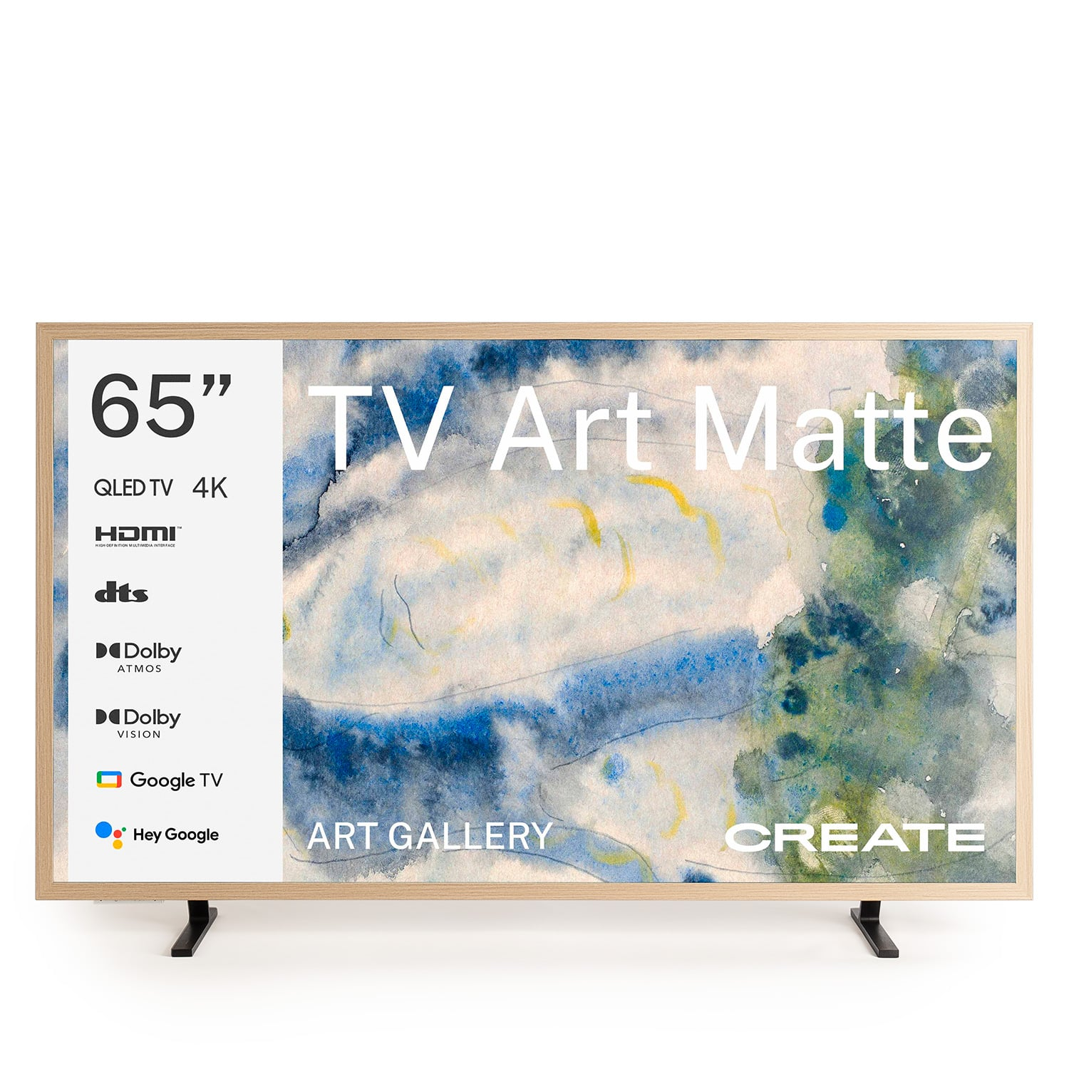 TV QLED de 65" con pantalla de arte acuarela, HDMI, Dolby Vision, Google TV.
