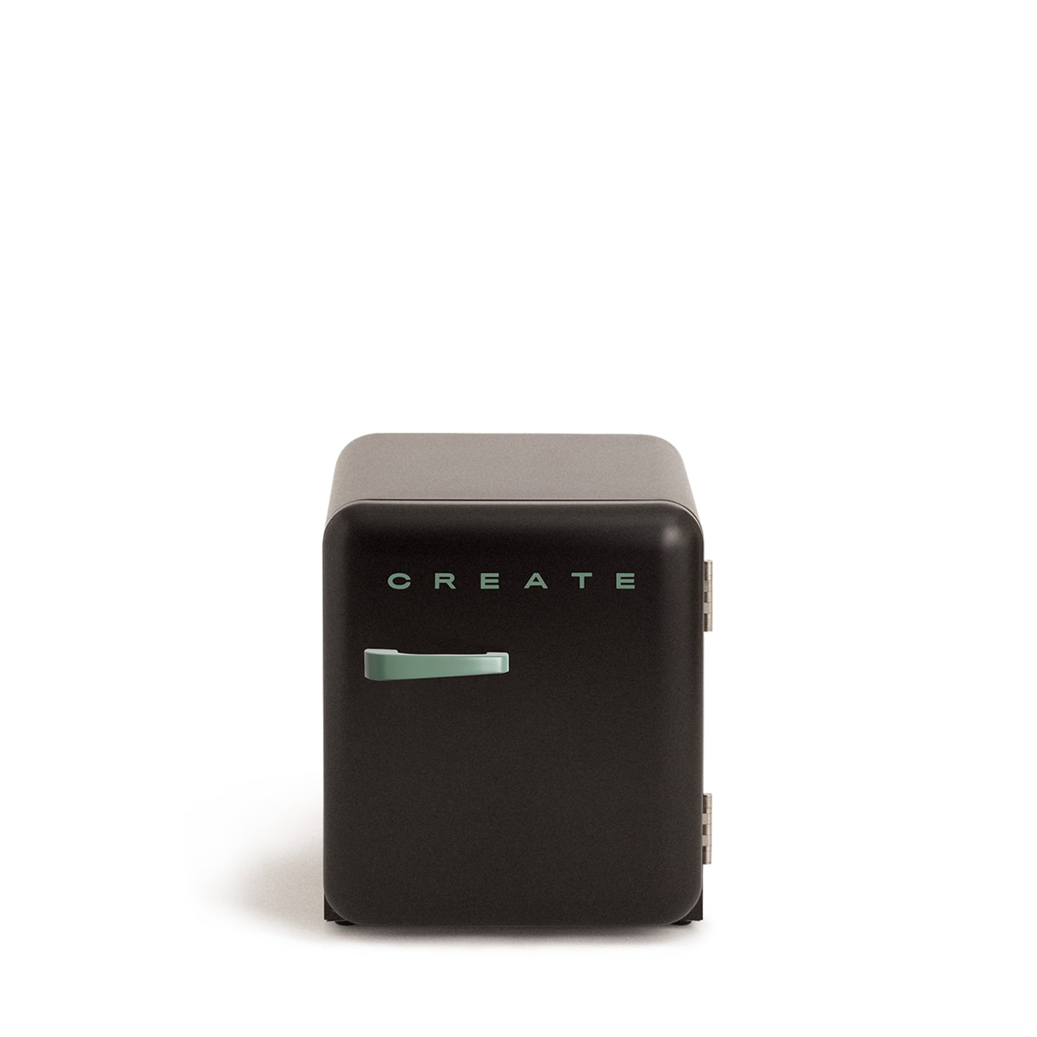 Pequeña nevera negra con asa verde menta y la palabra CREATE.