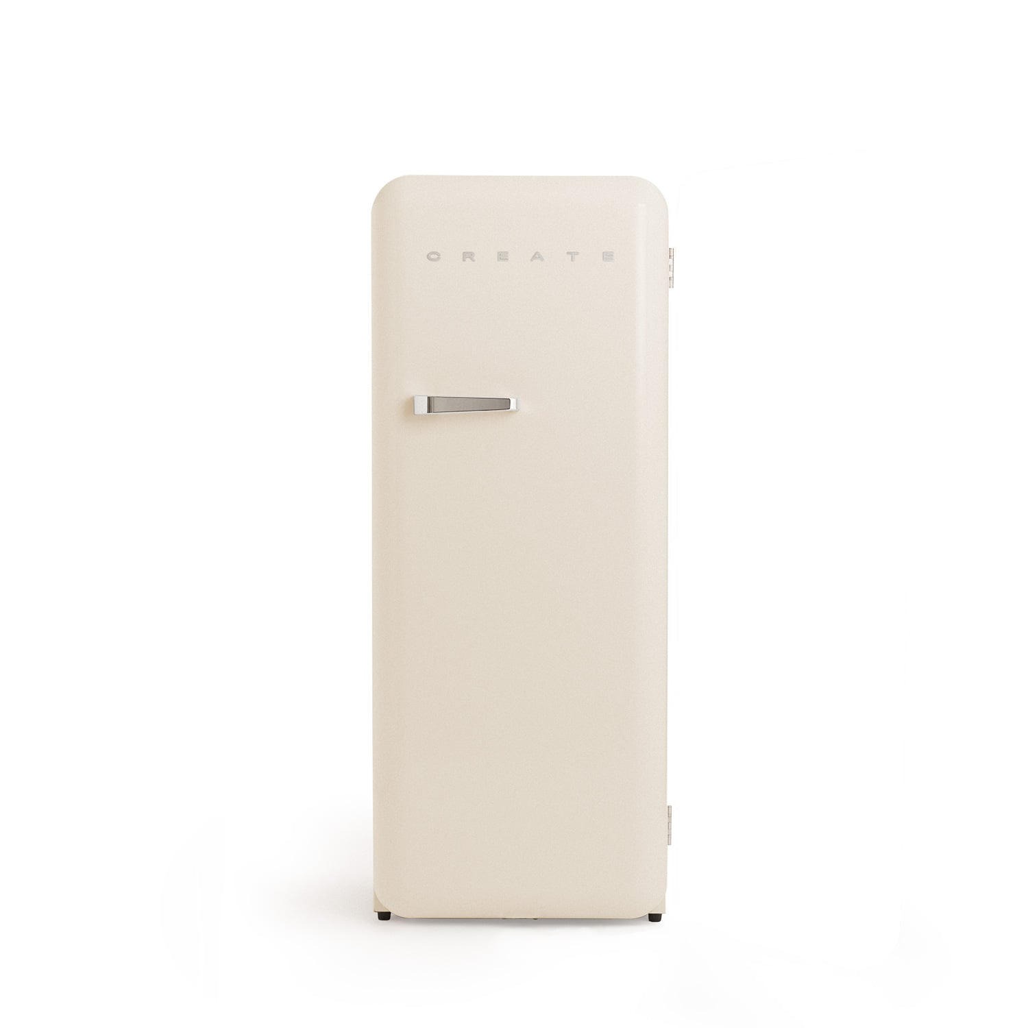 Un refrigerador de color crema con asa plateada y la palabra CREATE arriba.