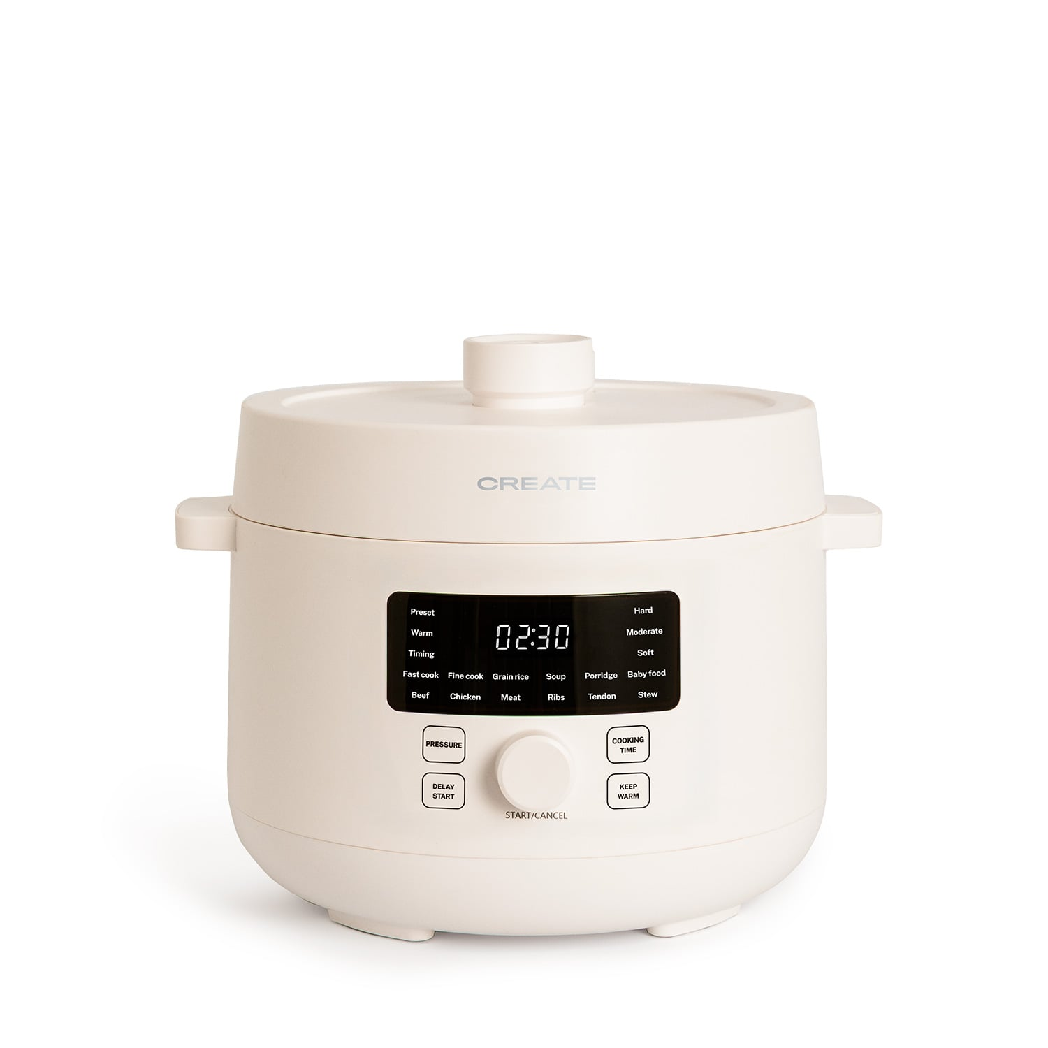 Una olla de presión eléctrica blanca con pantalla digital que muestra 02:30.