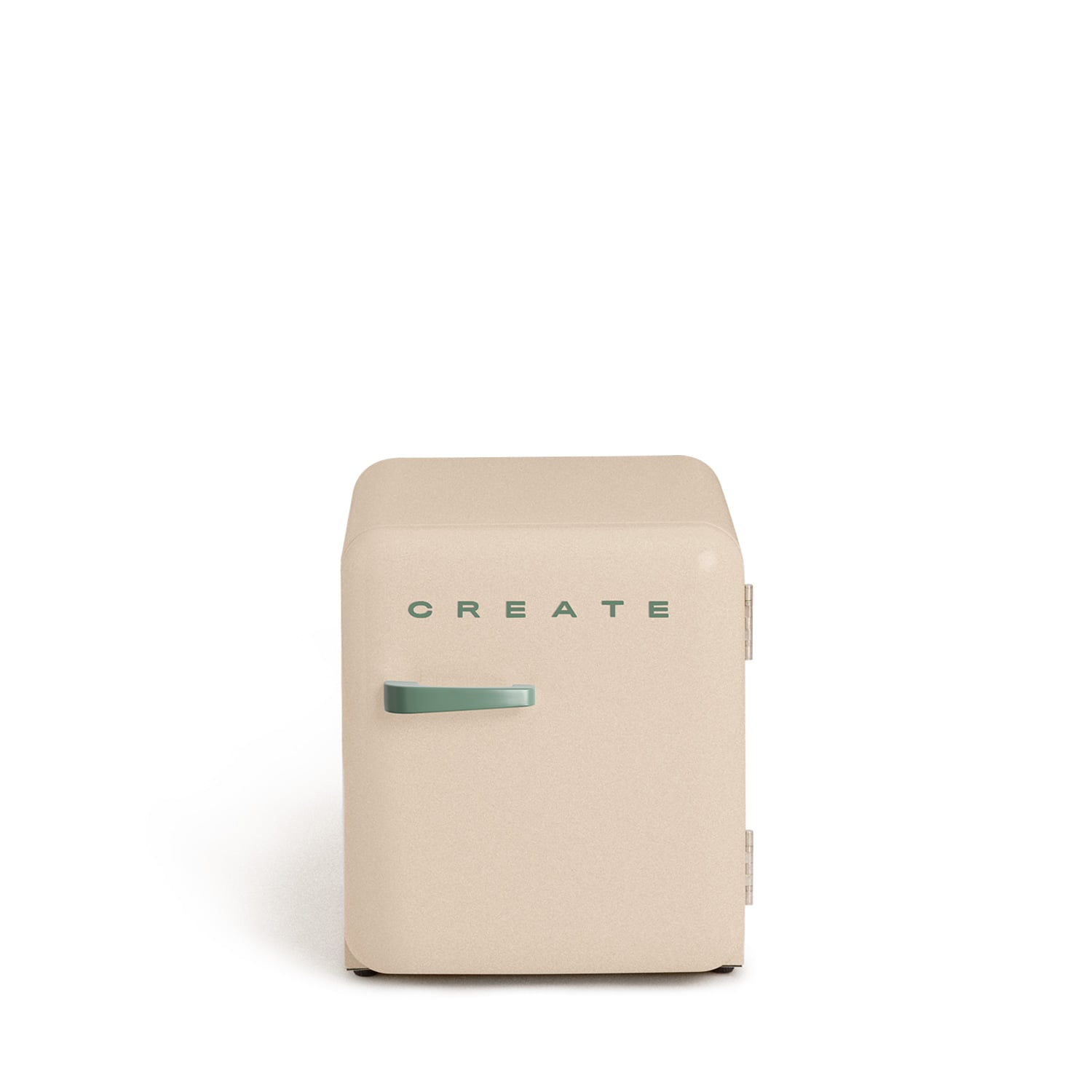 Una pequeña nevera color crema con asa verde y la palabra CREATE.