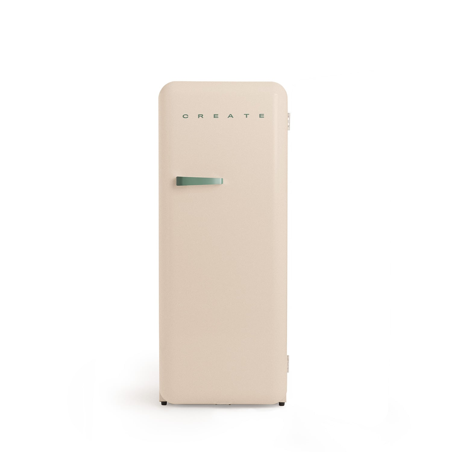 Un refrigerador color crema con la palabra CREATE y un asa verde.