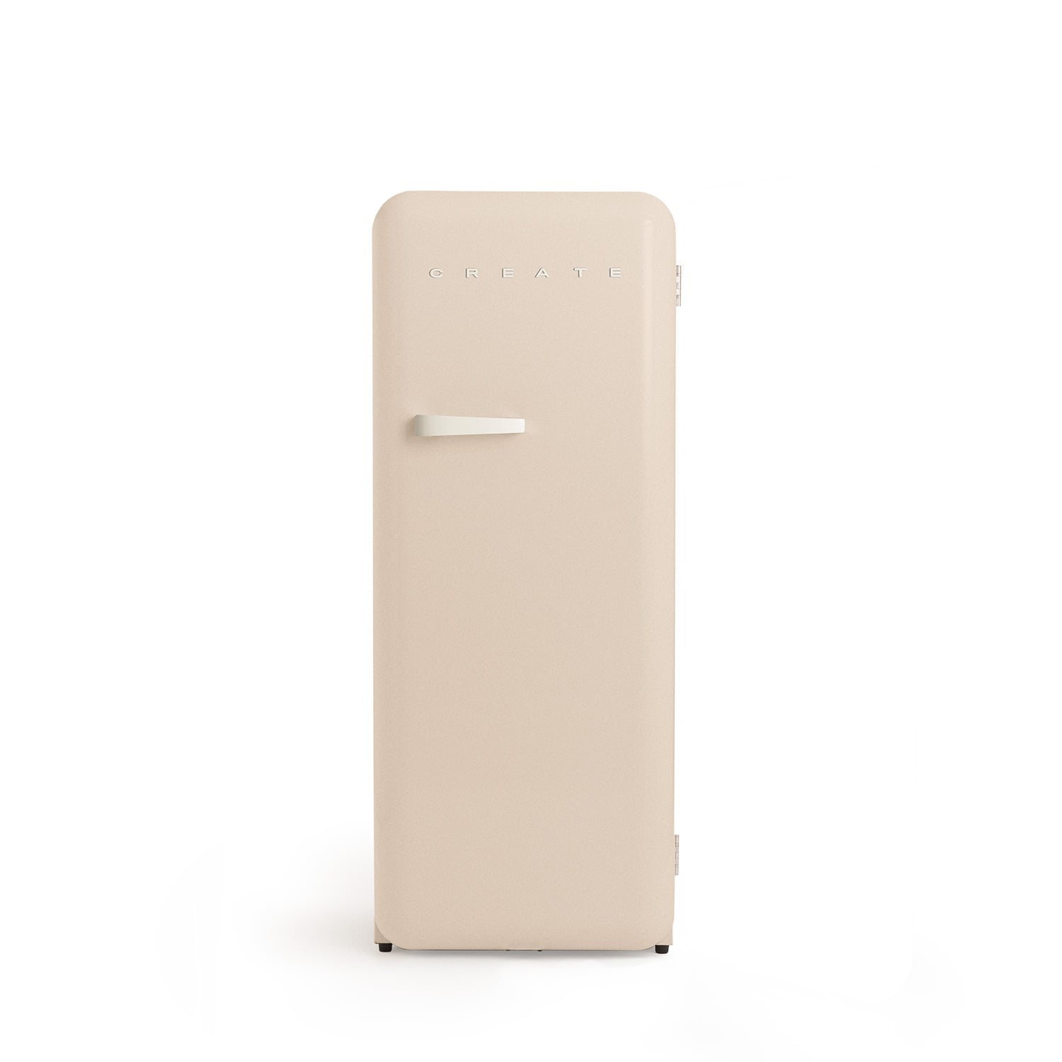 Un refrigerador delgado de color crema con un asa blanca y la palabra CREATE.