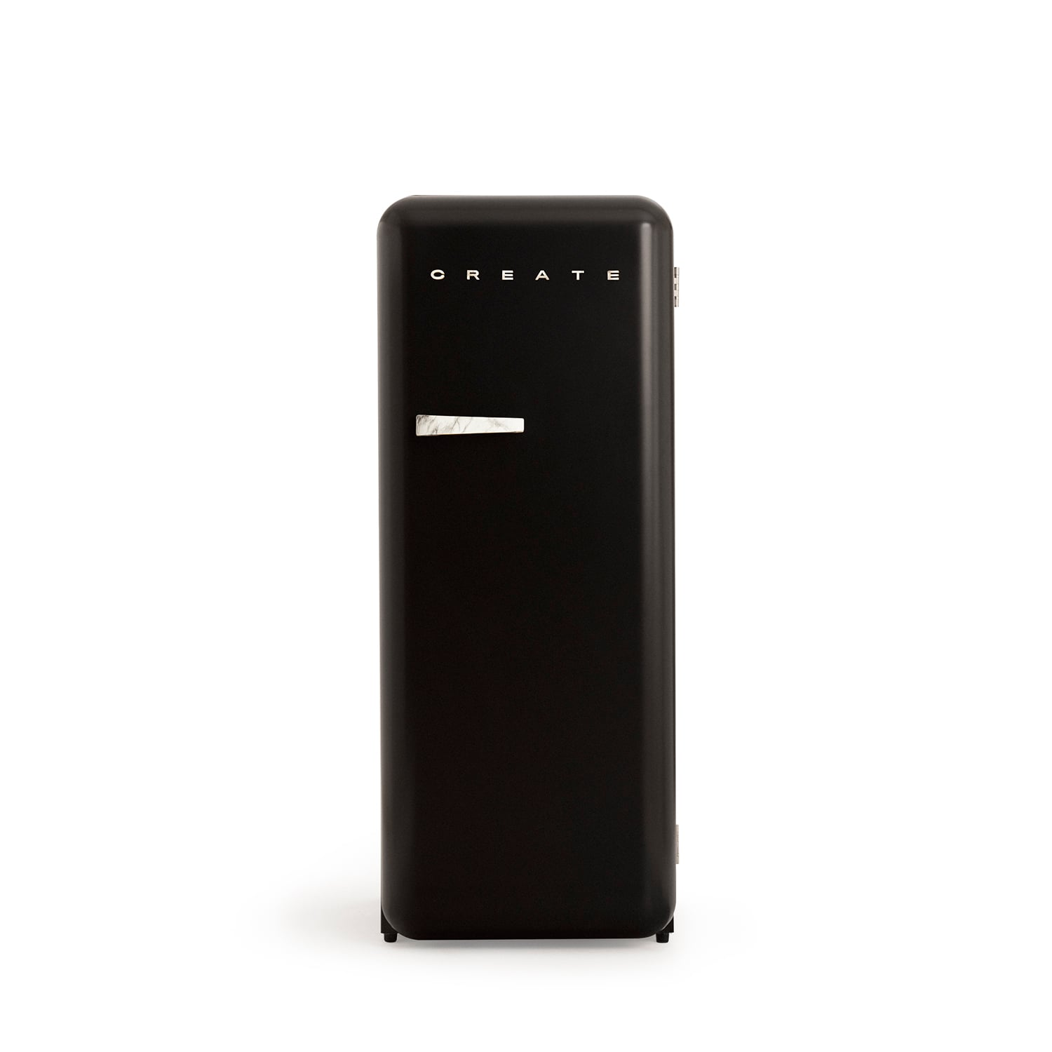 Un refrigerador negro y elegante con la palabra CREATE en la parte superior.