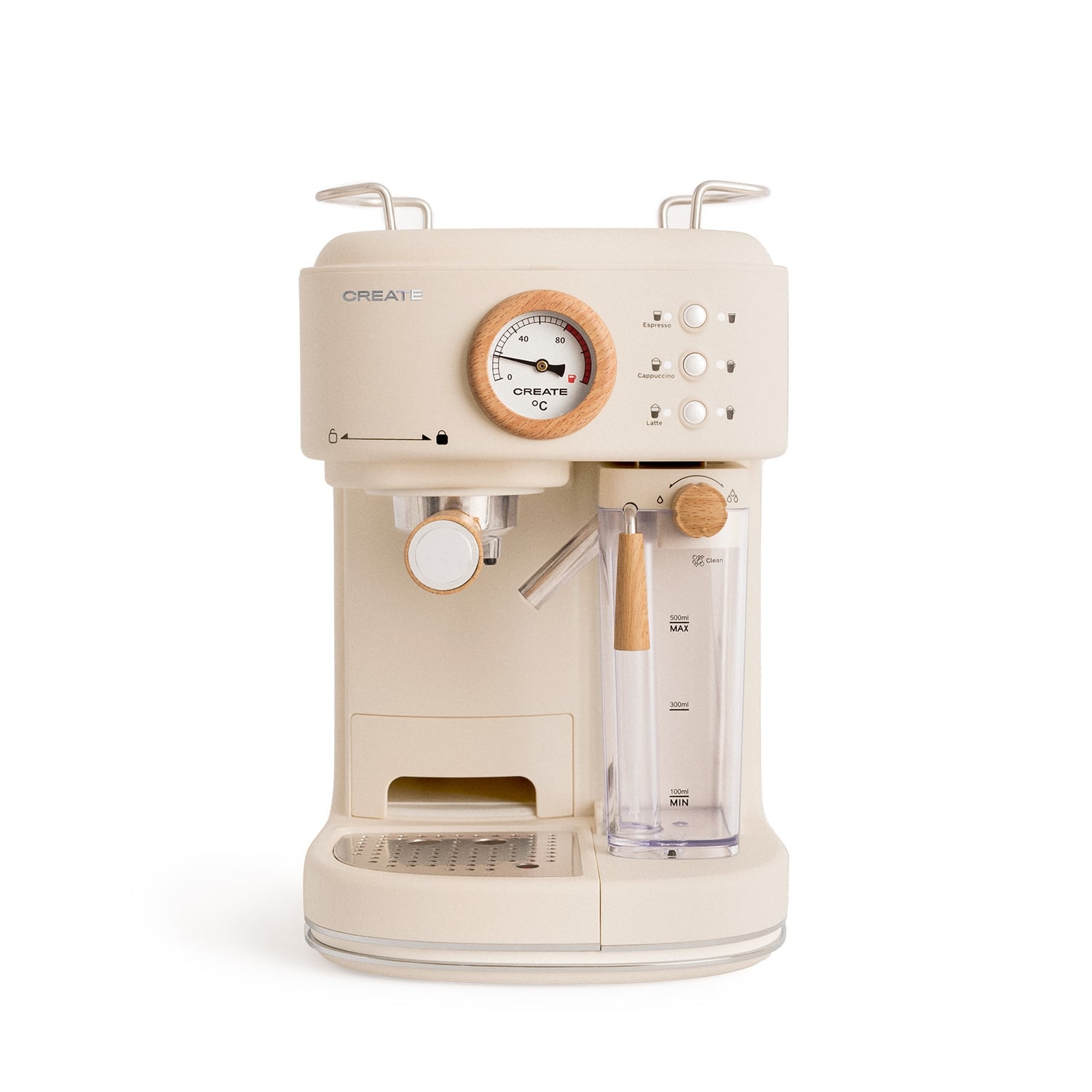 Máquina de espresso color crema con acento de madera y medidor de temperatura.