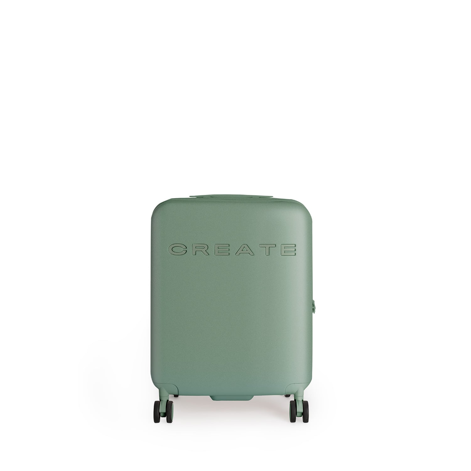 Una maleta verde menta con la palabra CREATE en relieve en el frente. Tiene cuatro ruedas.