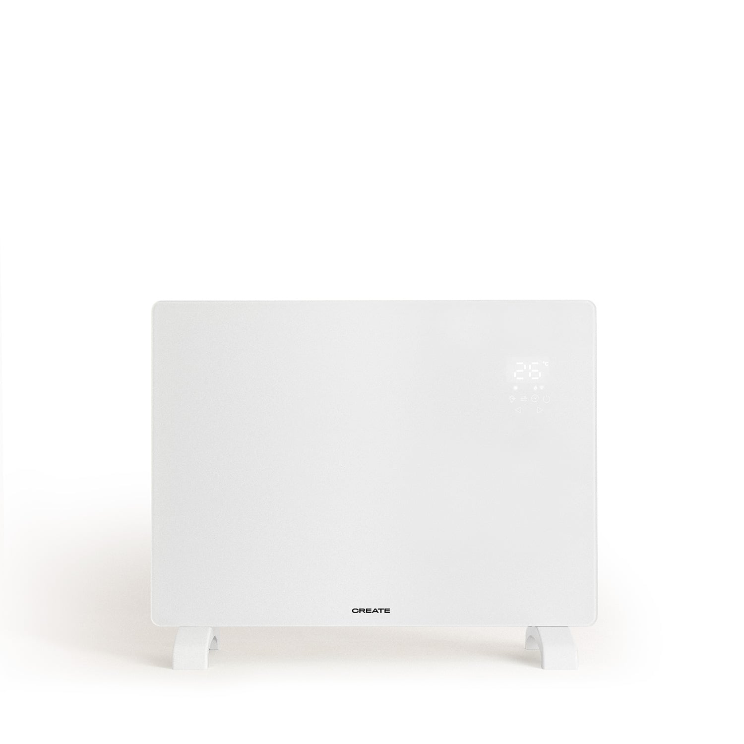 Un calefactor blanco con pantalla digital que muestra 26 grados Celsius.