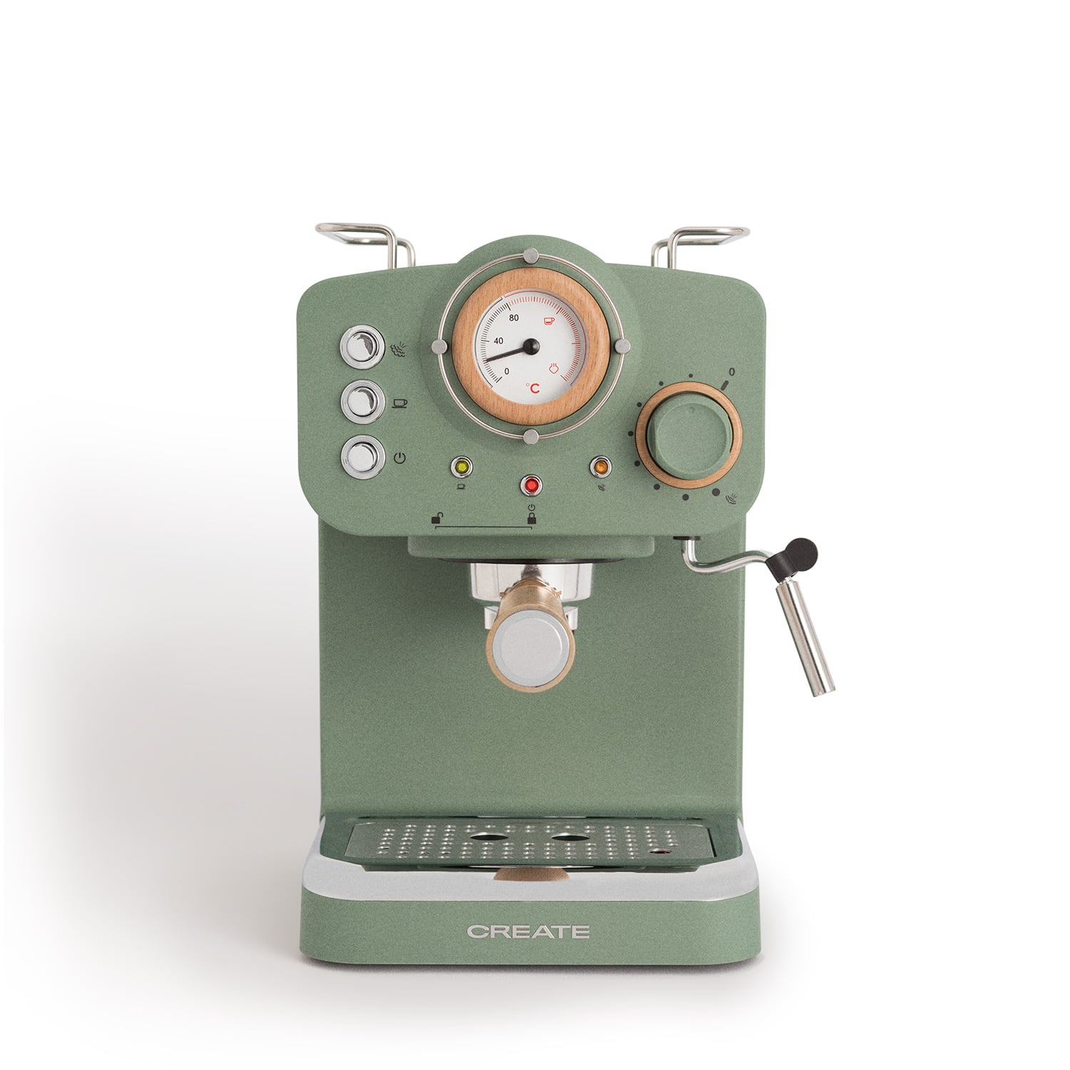 Una máquina de espresso verde con un termómetro y botones.