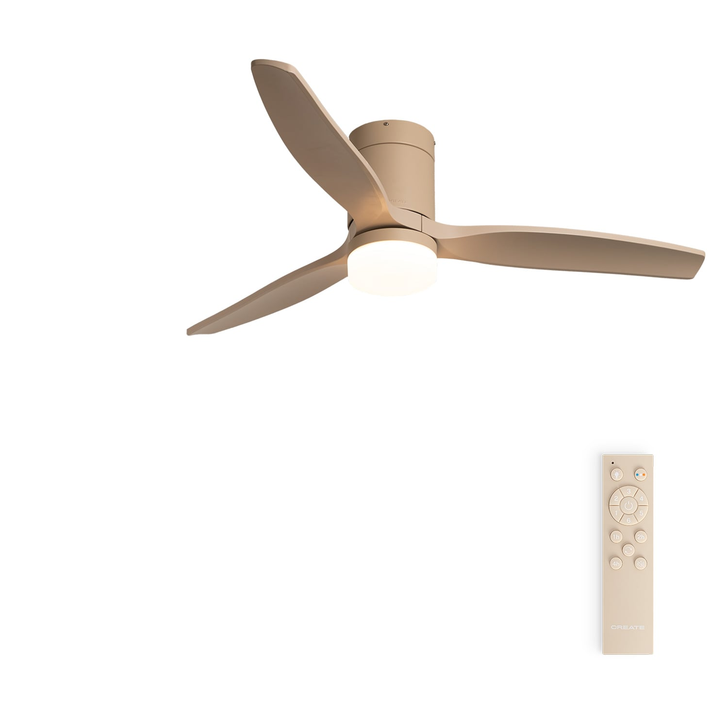 Un ventilador de techo beige de tres aspas con luz, al lado de un mando a distancia.