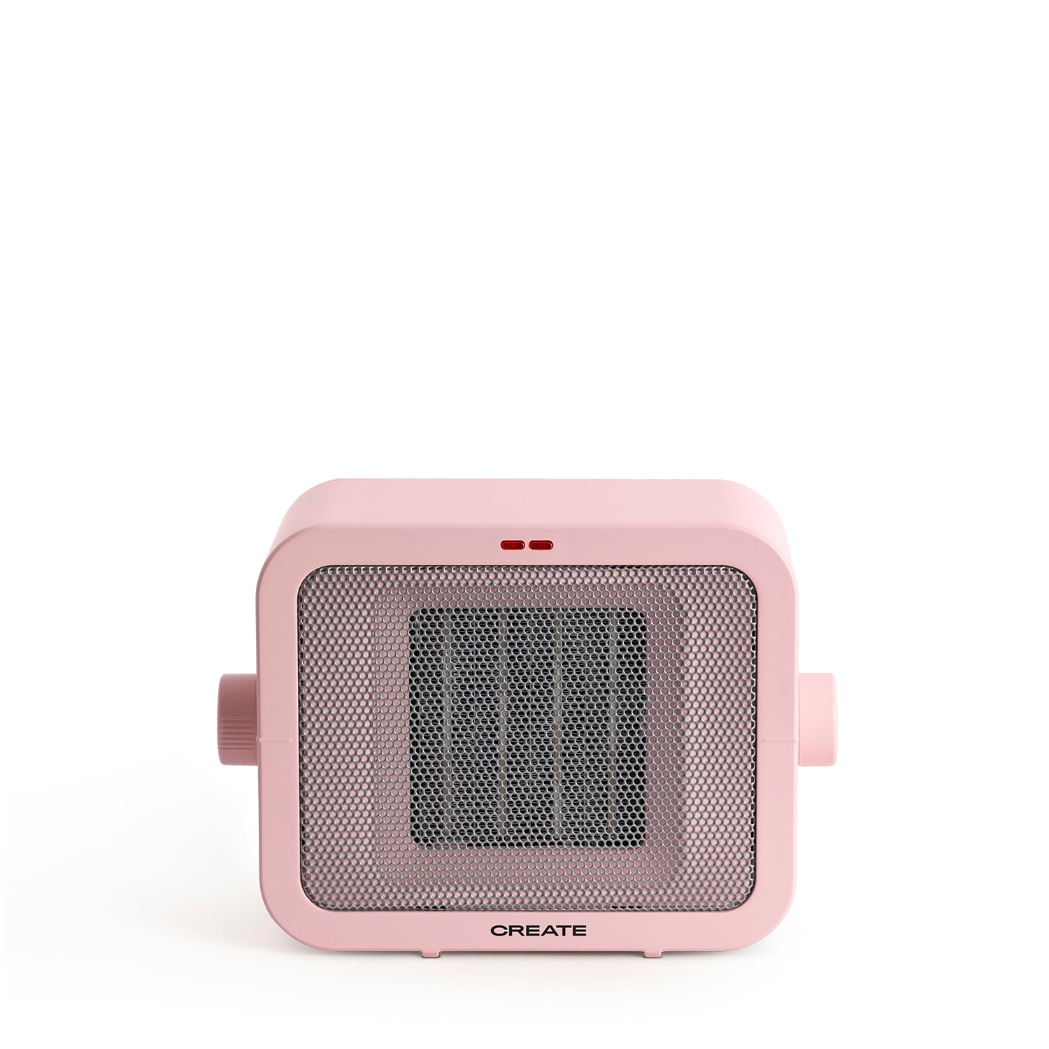 Un pequeño calefactor eléctrico rosa con rejilla y dos mandos.