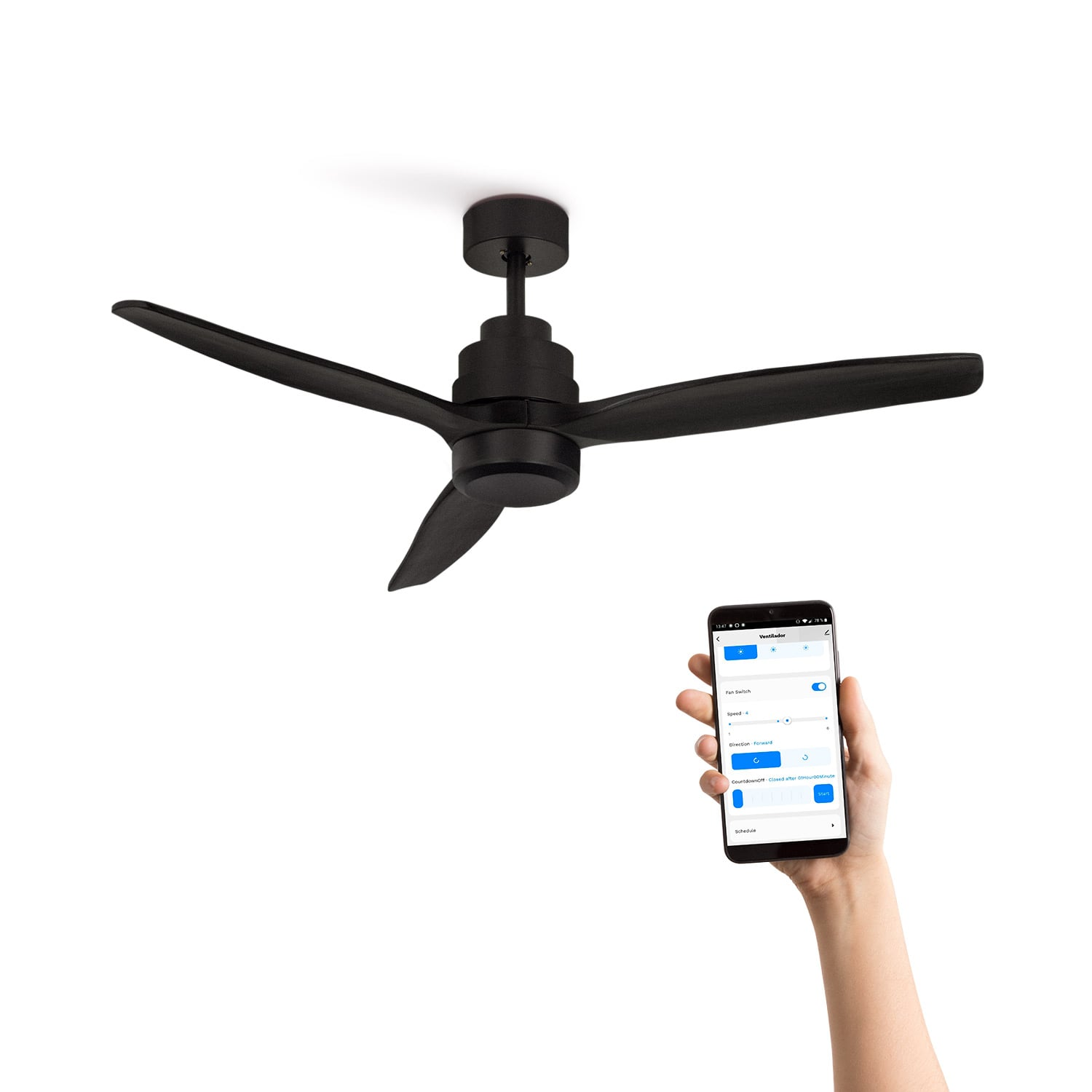 Ventilador de techo negro de tres aspas sobre un smartphone que muestra una aplicación de control.