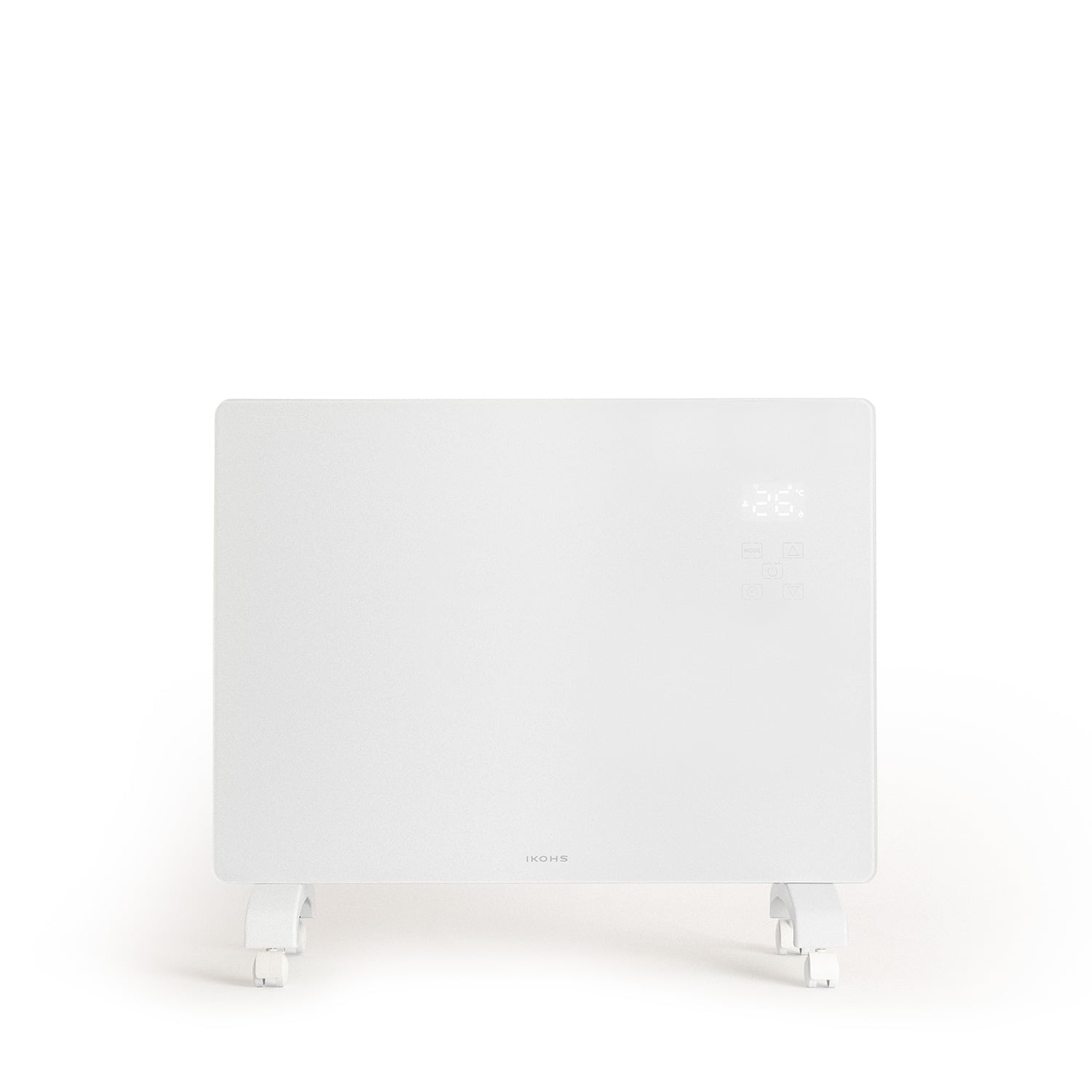 Un radiador eléctrico blanco con ruedas y pantalla digital de 26°C.