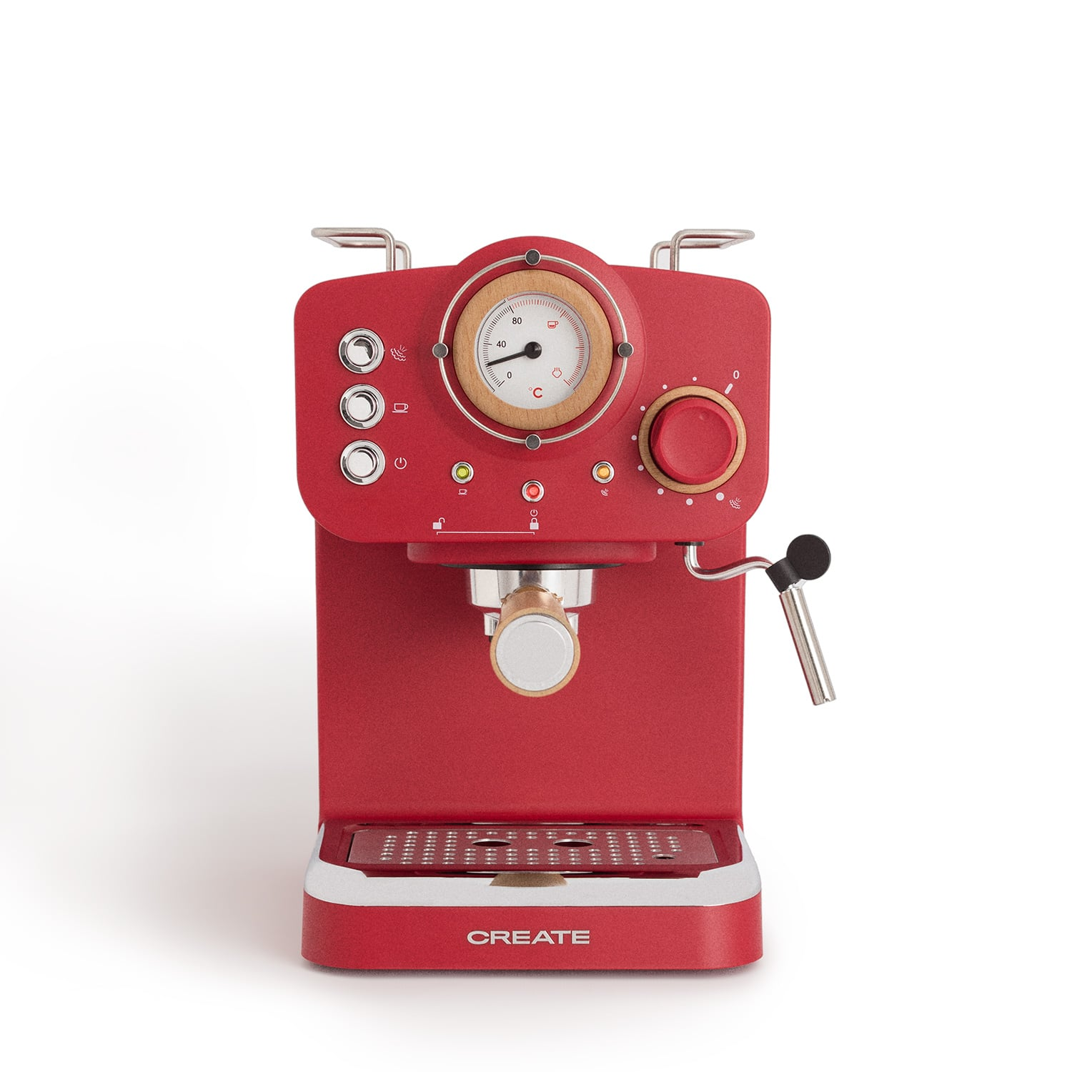 Una máquina de espresso roja con detalles plateados y de madera y un manómetro.