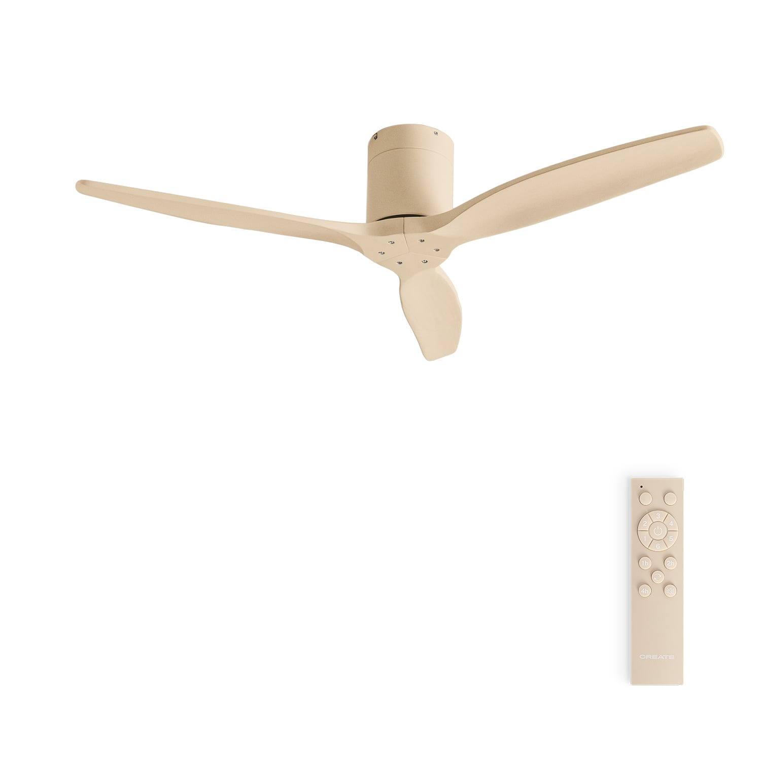 Un ventilador de techo color crema con tres aspas y un mando a distancia.