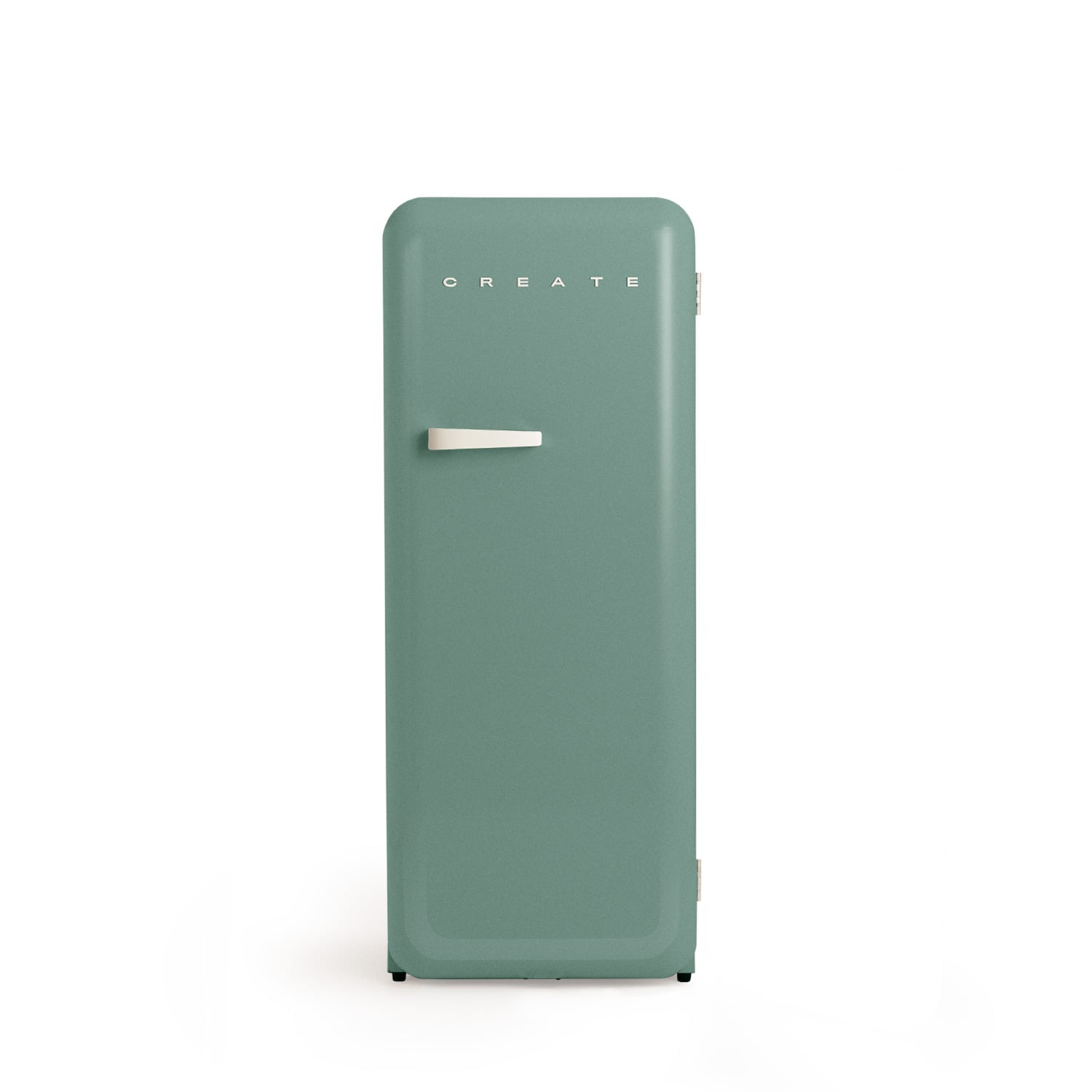 Un refrigerador delgado verde pastel con mango blanco y la palabra CREATE.
