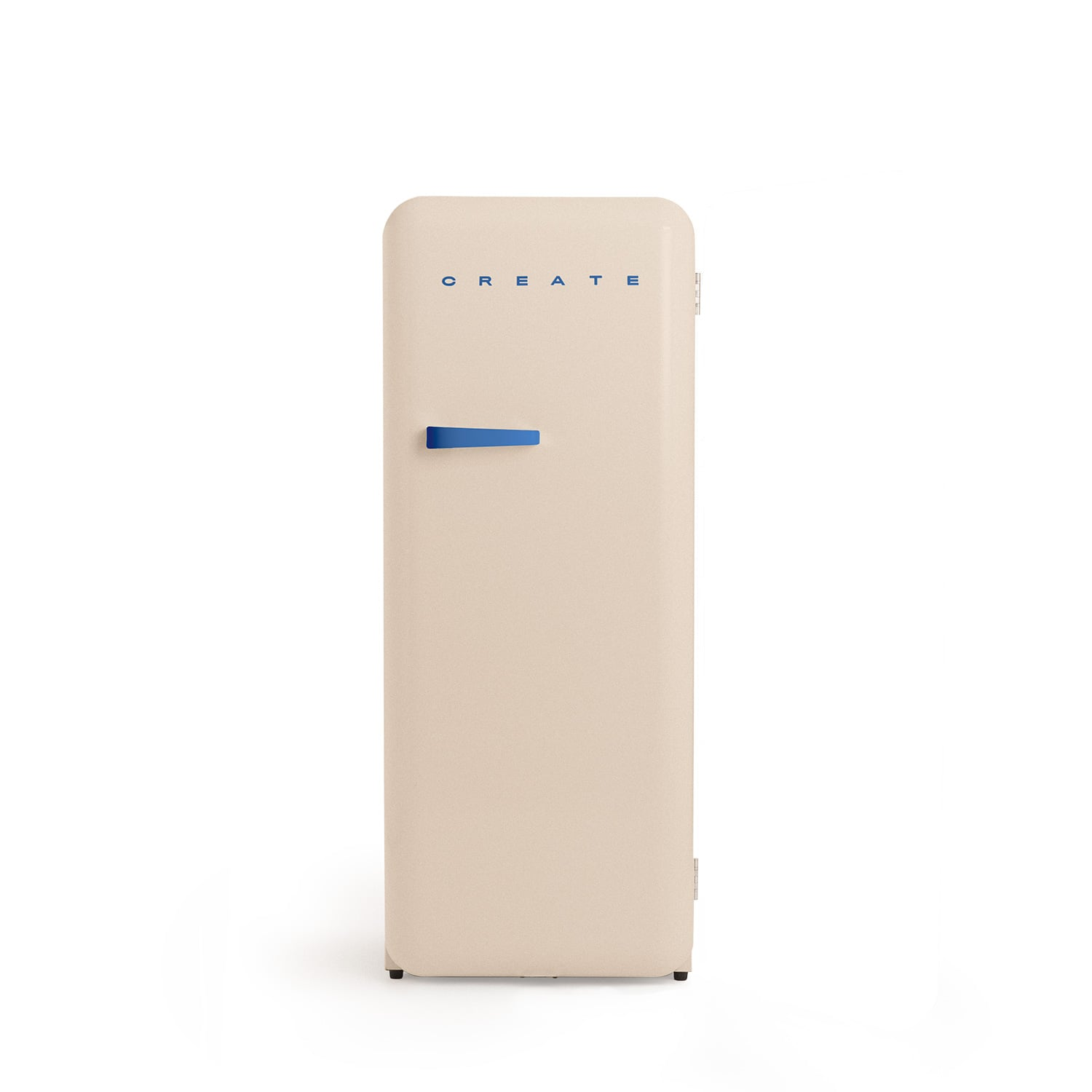 Un refrigerador color crema con la palabra CREATE y un asa azul.