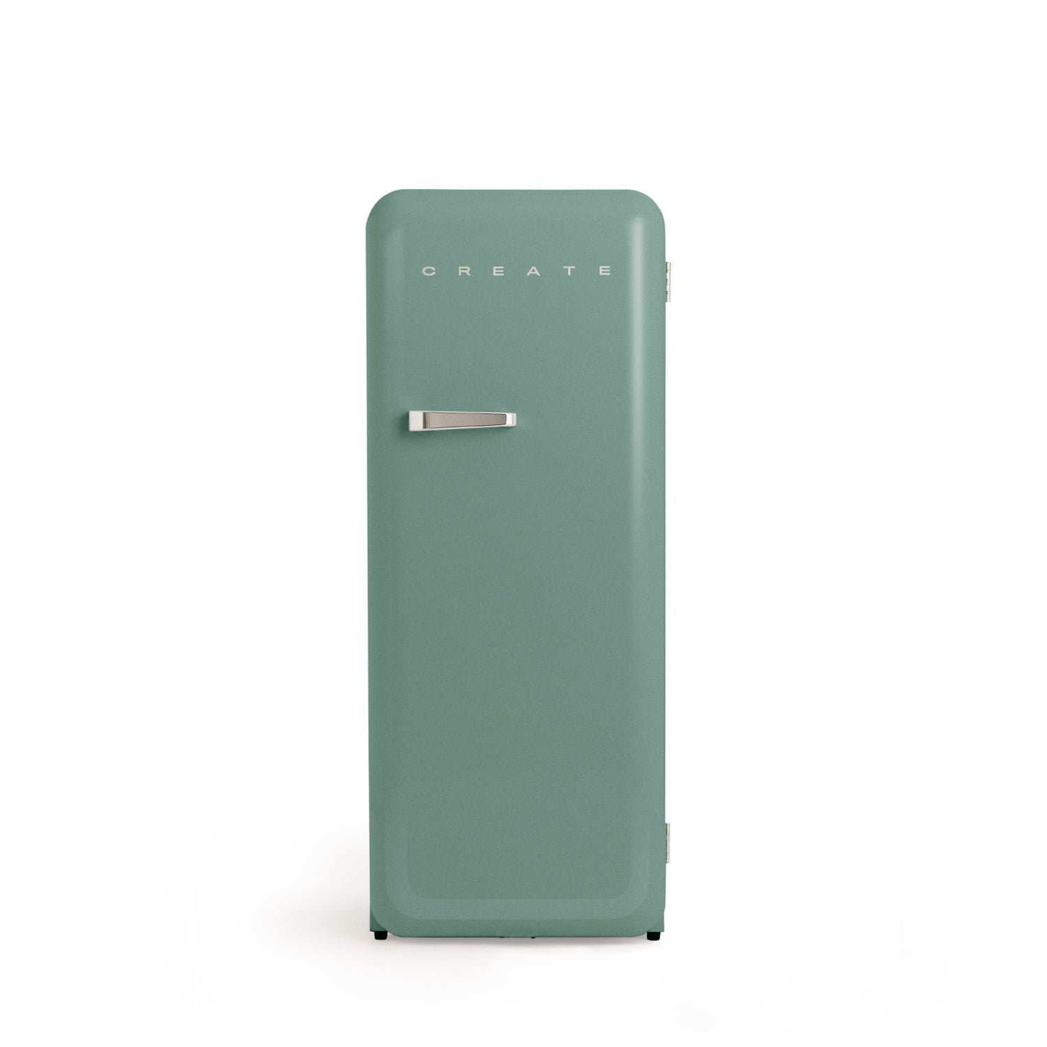 Un elegante refrigerador vintage de color verde azulado se alza sobre un fondo blanco.
