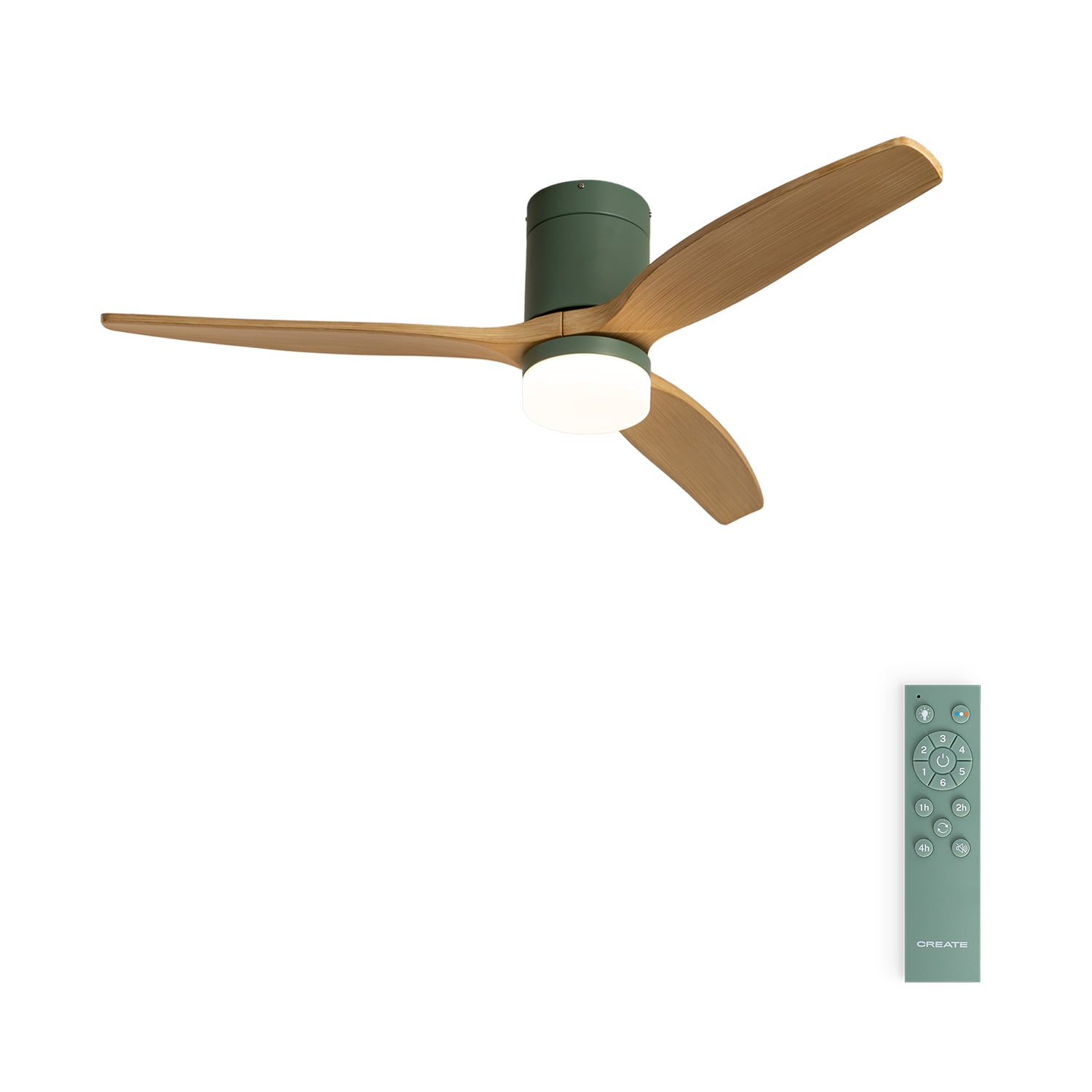 Un ventilador de techo verde con aspas de madera y luz, junto a un mando a distancia.