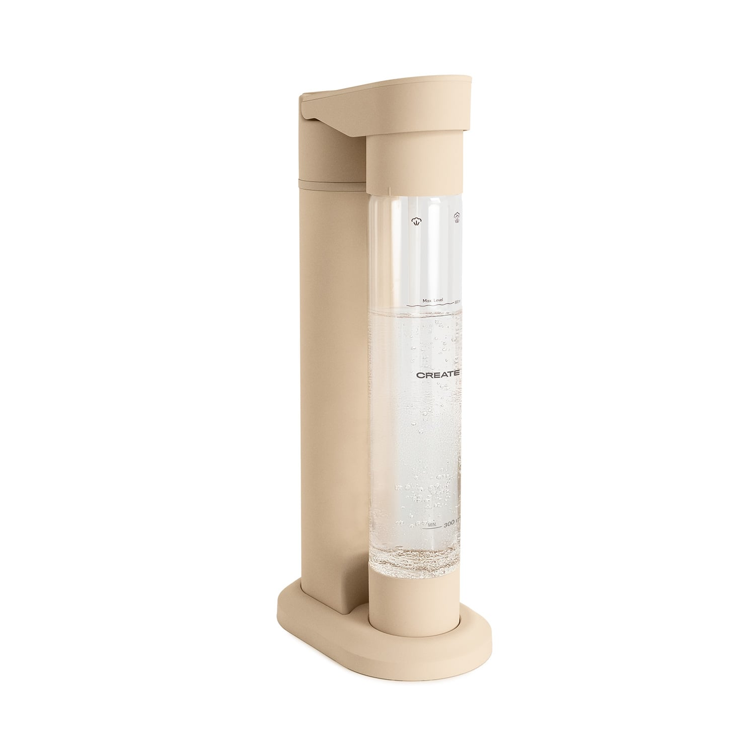 Máquina de agua con gas beige con cilindro transparente y agua con gas.