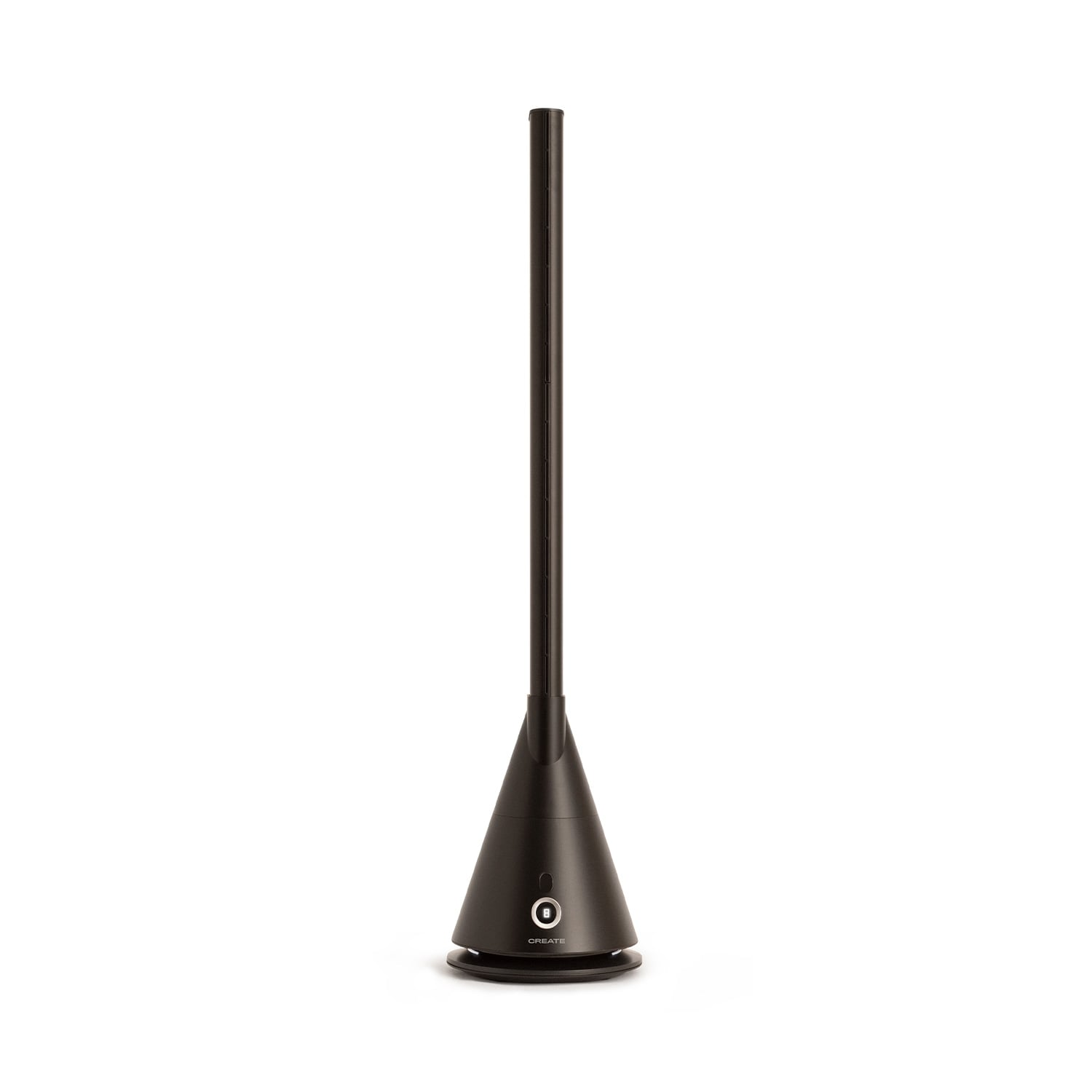 Un elegante ventilador de torre negro con base cónica y eje largo.