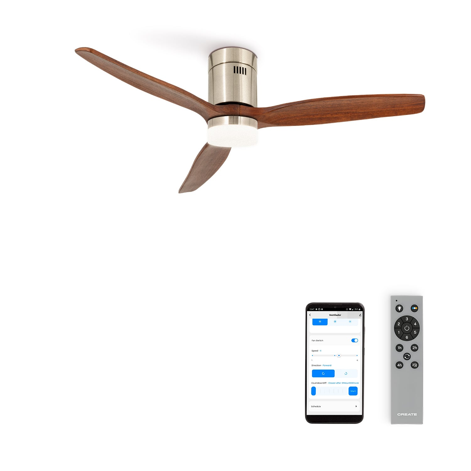 Ventilador de techo con aspas de madera, luz LED, app y mando a distancia.