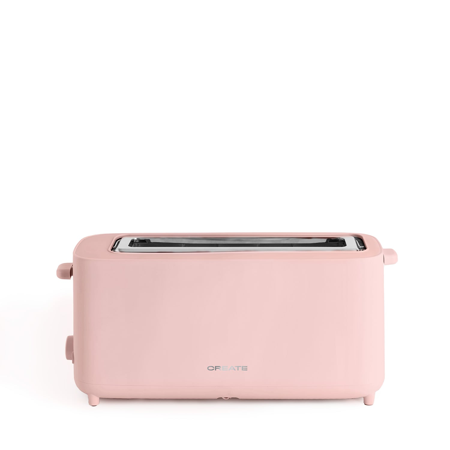 Una tostadora rosa con detalles cromados y dos ranuras se alza sobre fondo blanco.
