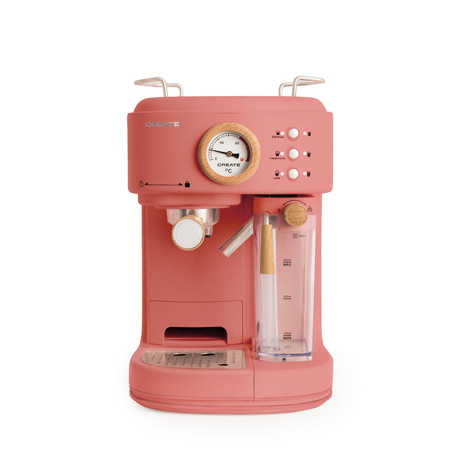 Una máquina de espresso rosa coral con detalles de madera y un termómetro.