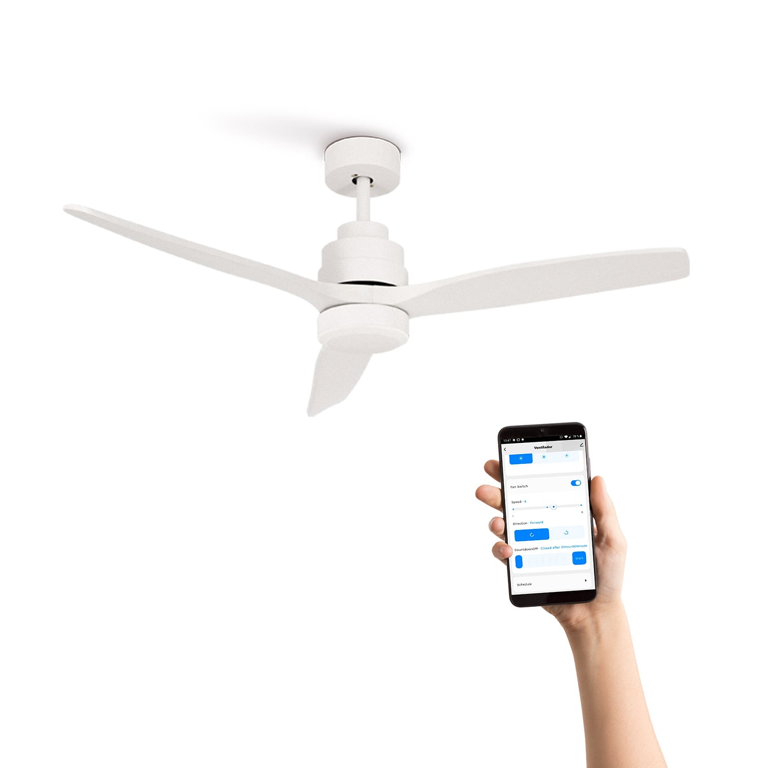 Ventilador de techo blanco de tres aspas con control de smartphone.