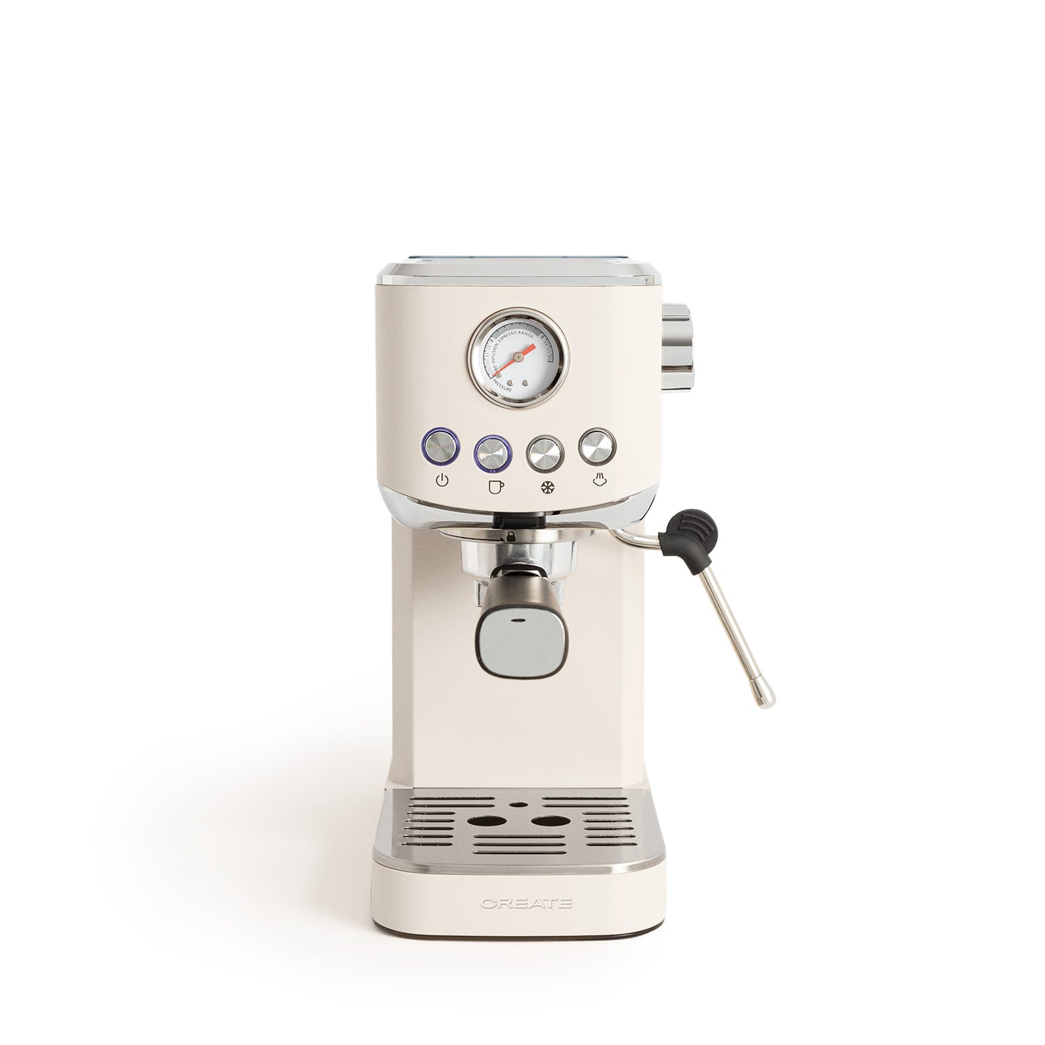 Una cafetera espresso color crema con manómetro y botones de control.