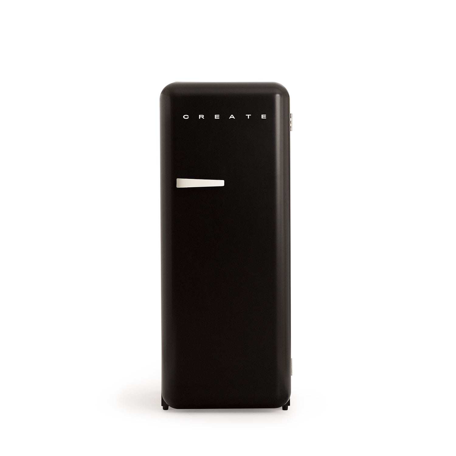 Un refrigerador negro alto estilo retro con la palabra CREATE encima.