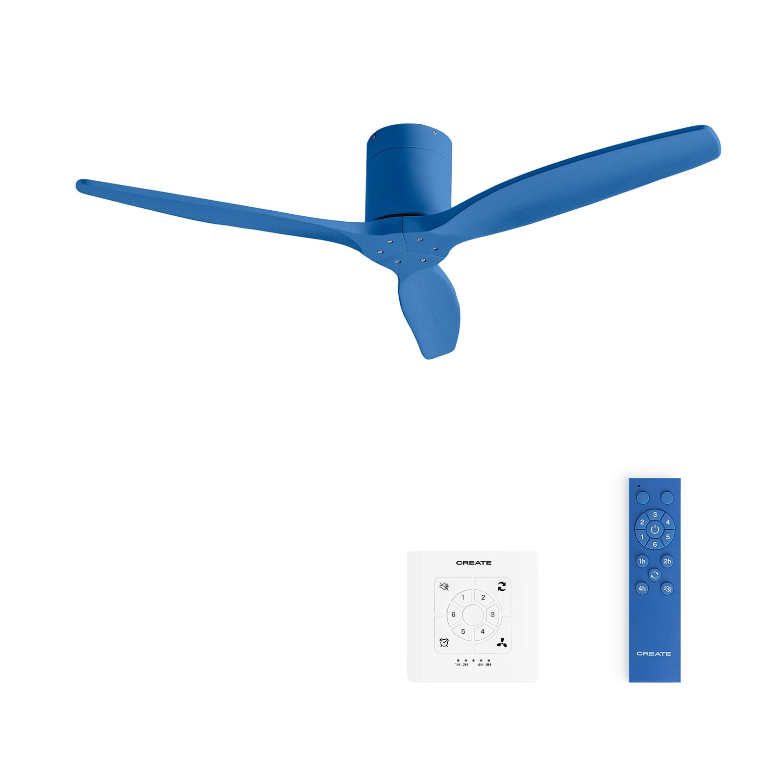 Un ventilador de techo azul con tres aspas y un mando a distancia.