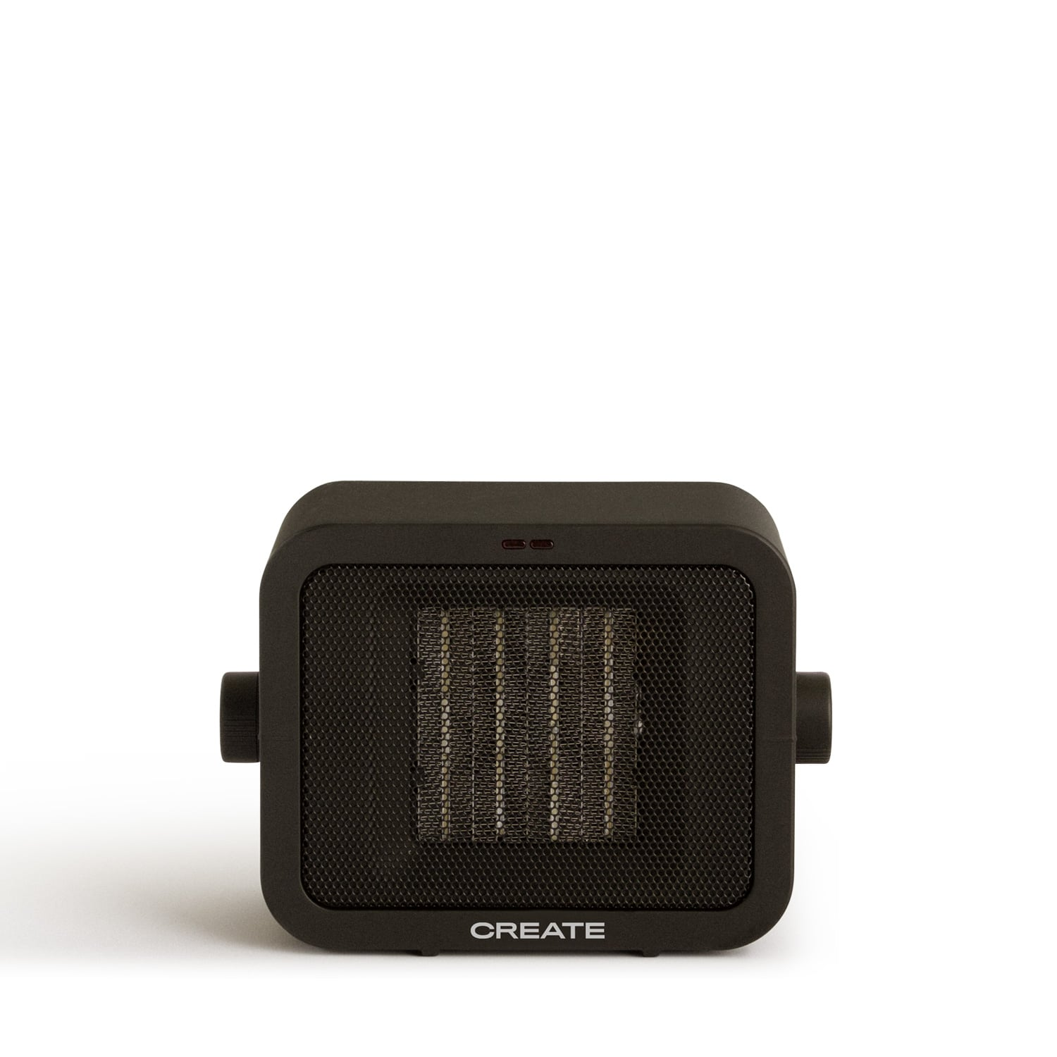 Un calefactor negro y compacto con rejilla de ventilación y botones laterales.