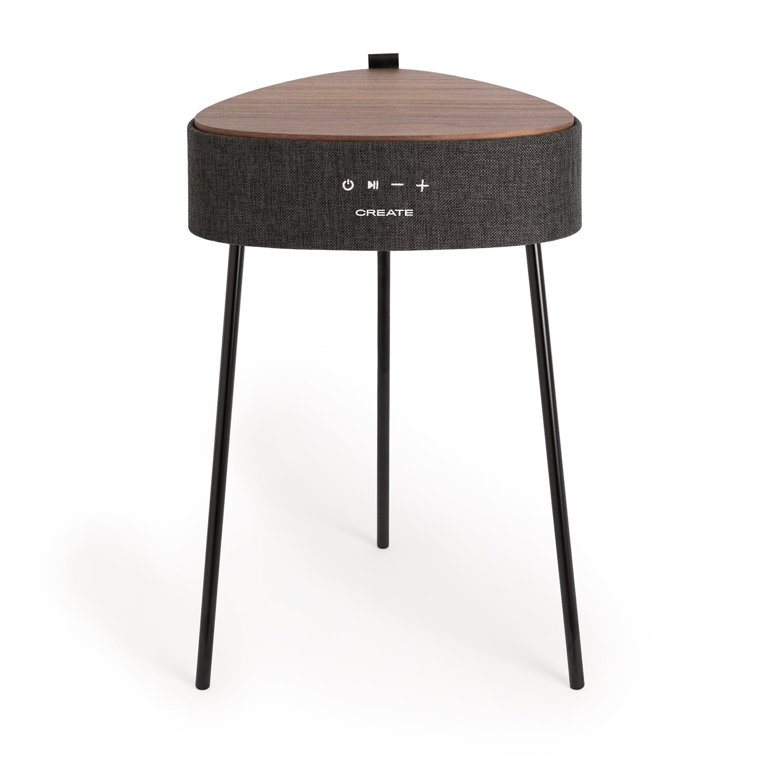 Altavoz triangular con tapa de madera y cubierta de tela sobre tres patas.