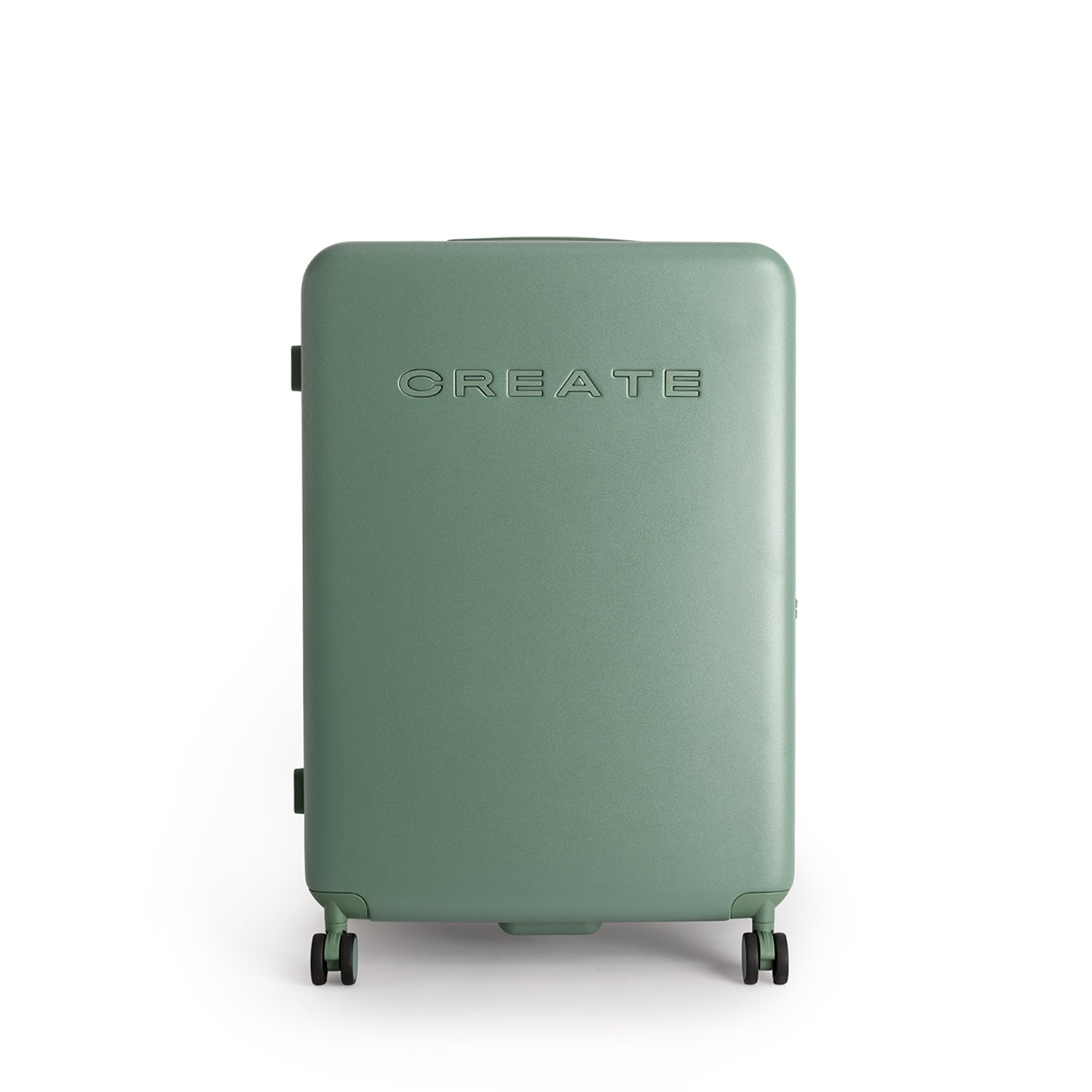 Una maleta verde con la palabra CREATE en relieve, sobre fondo blanco.