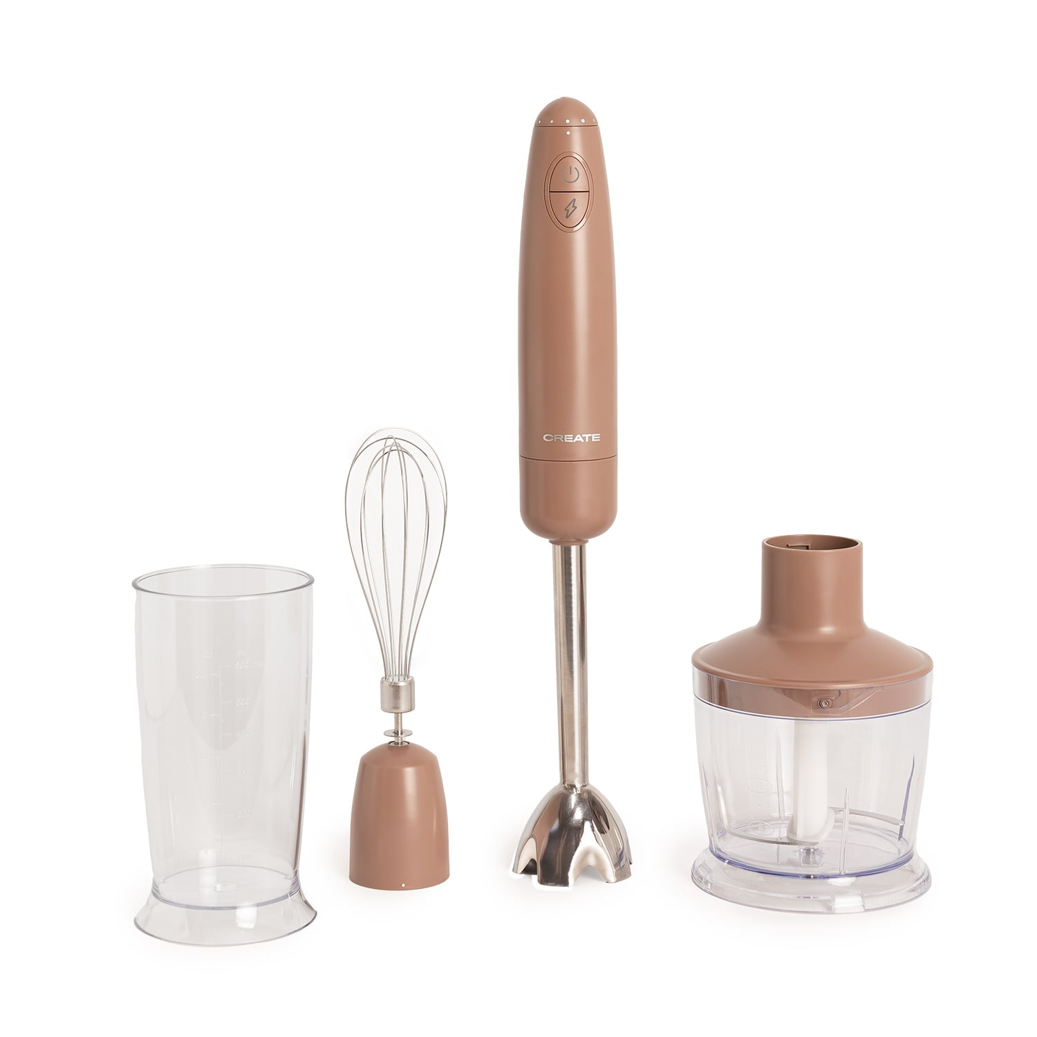 Una batidora de mano marrón con accesorios: vaso medidor, batidor y picadora.