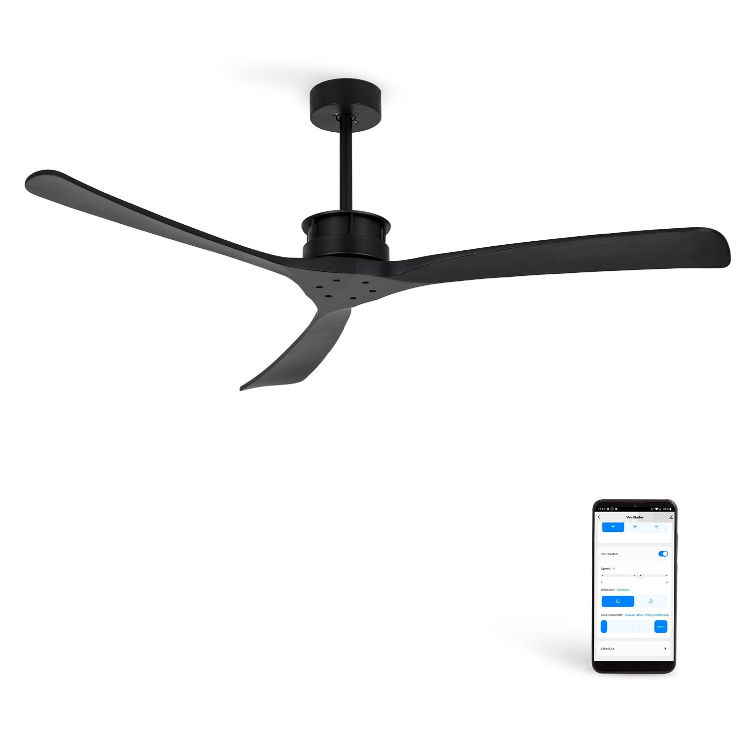Ventilador de techo negro de tres aspas mostrado con una app para control.