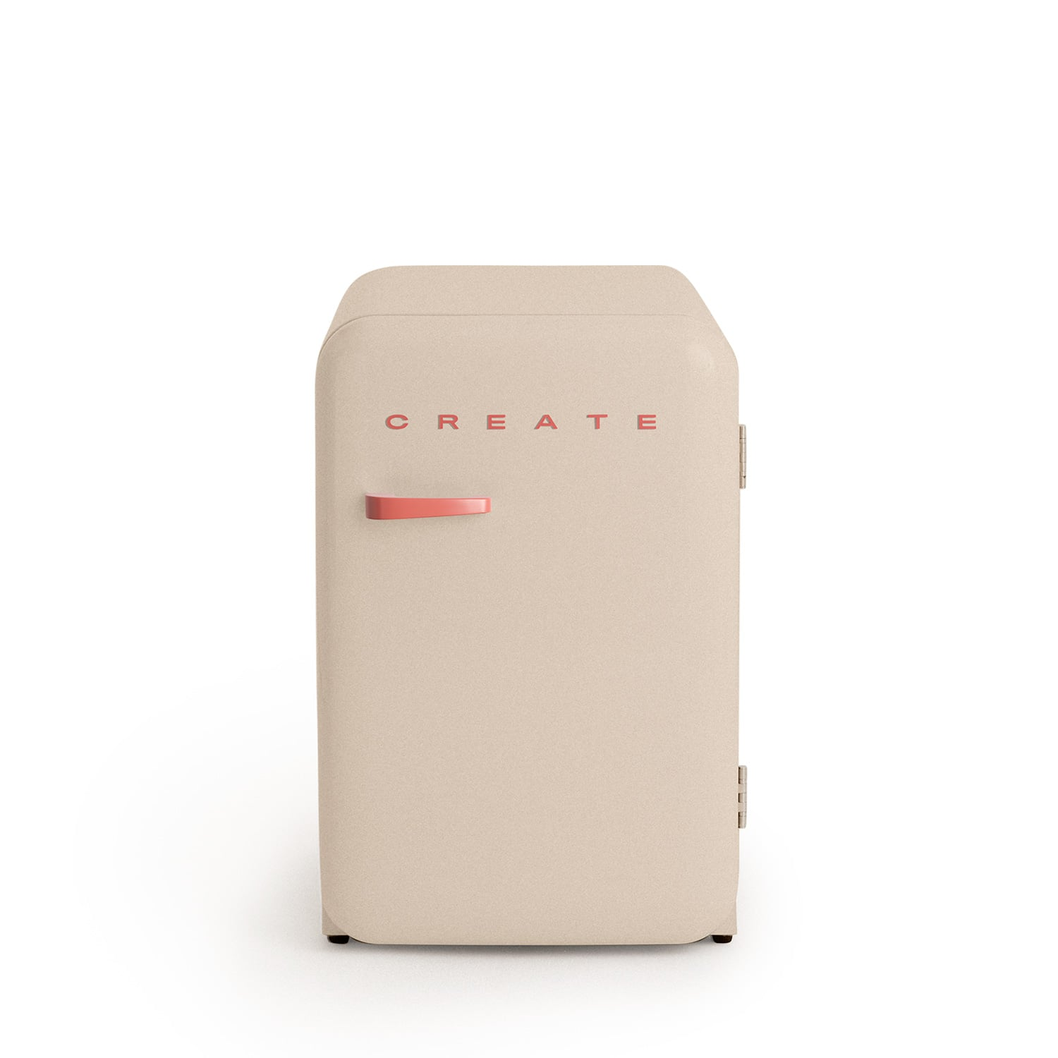 Un mini-refrigerador beige con la palabra CREATE y un asa coral sobre fondo blanco.