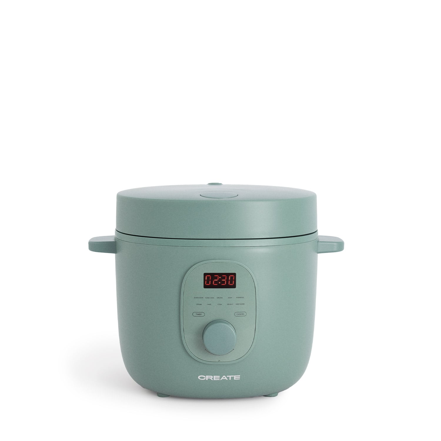 Una olla de presión eléctrica verde menta con pantalla digital que muestra 02:30.