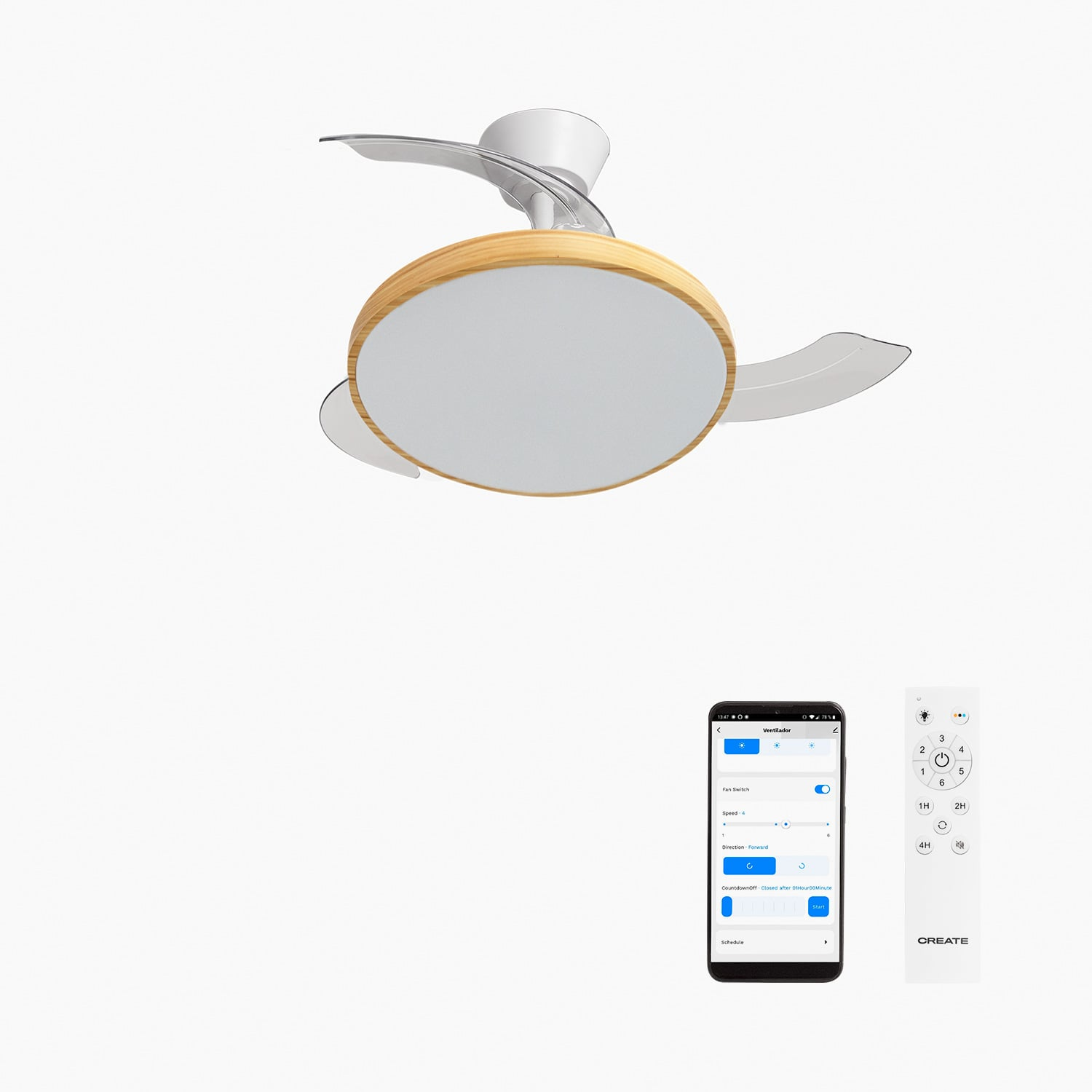 Ventilador de techo con anillo de madera, mando y app en fondo blanco.
