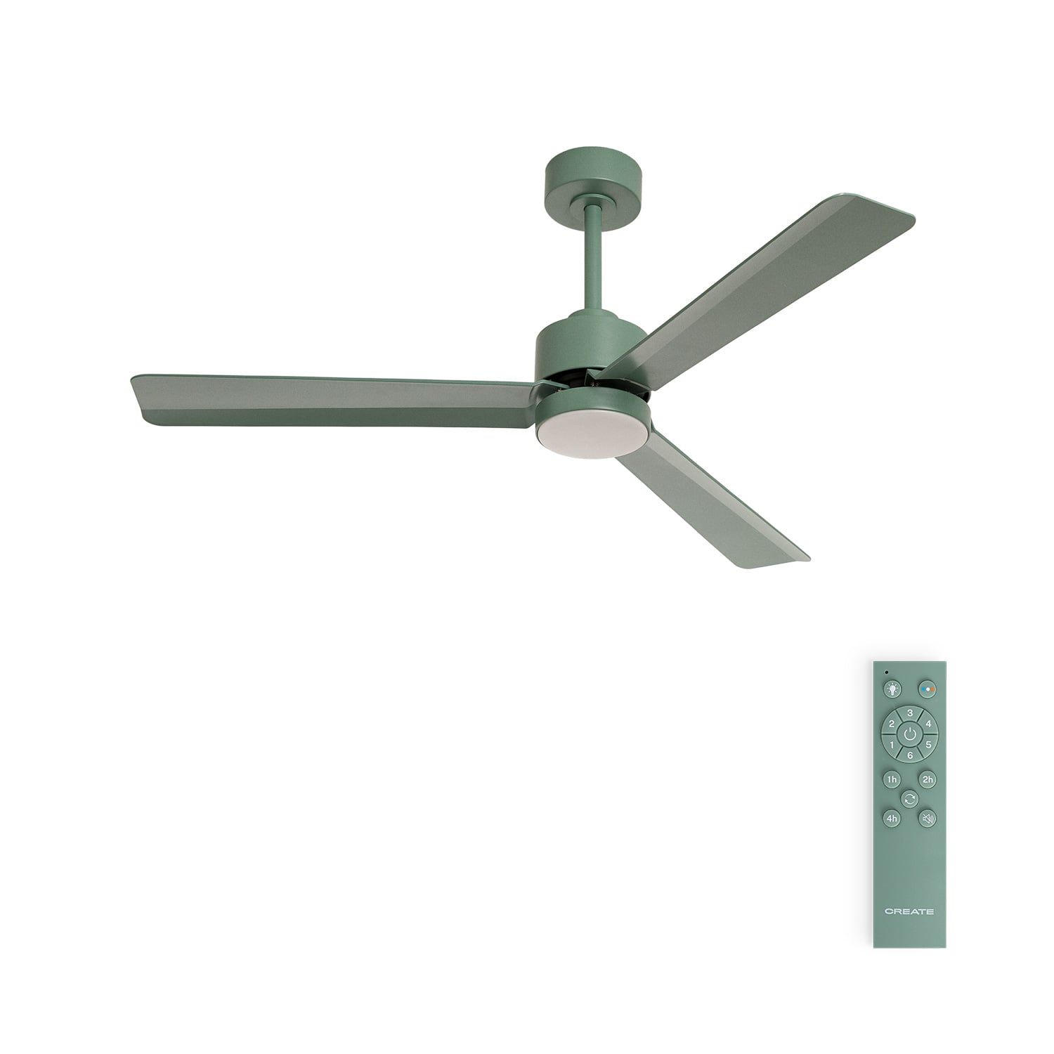 Ventilador de techo verde con mando a distancia sobre fondo blanco.